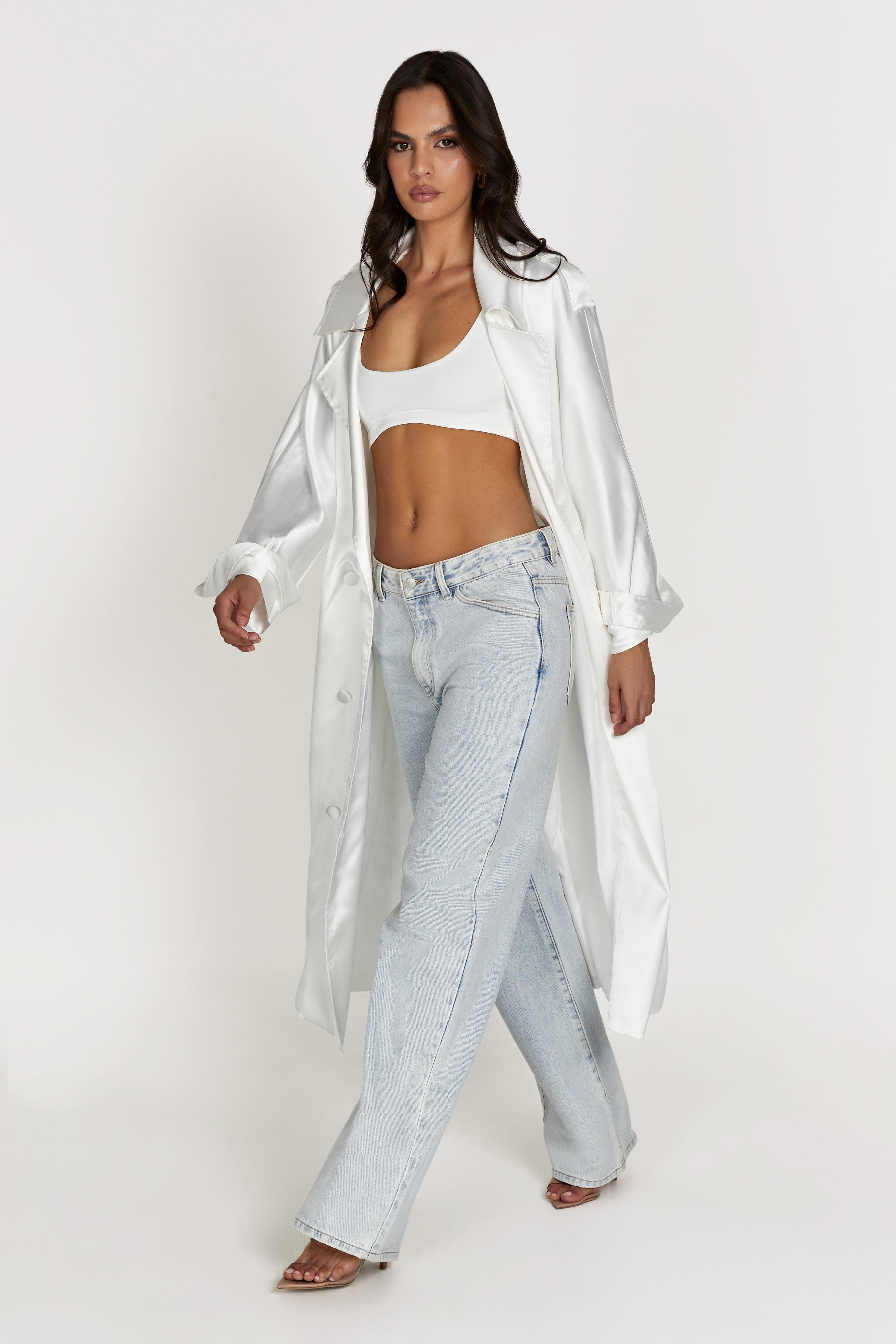 MESHKI Azaela Satin Trench Coat - White