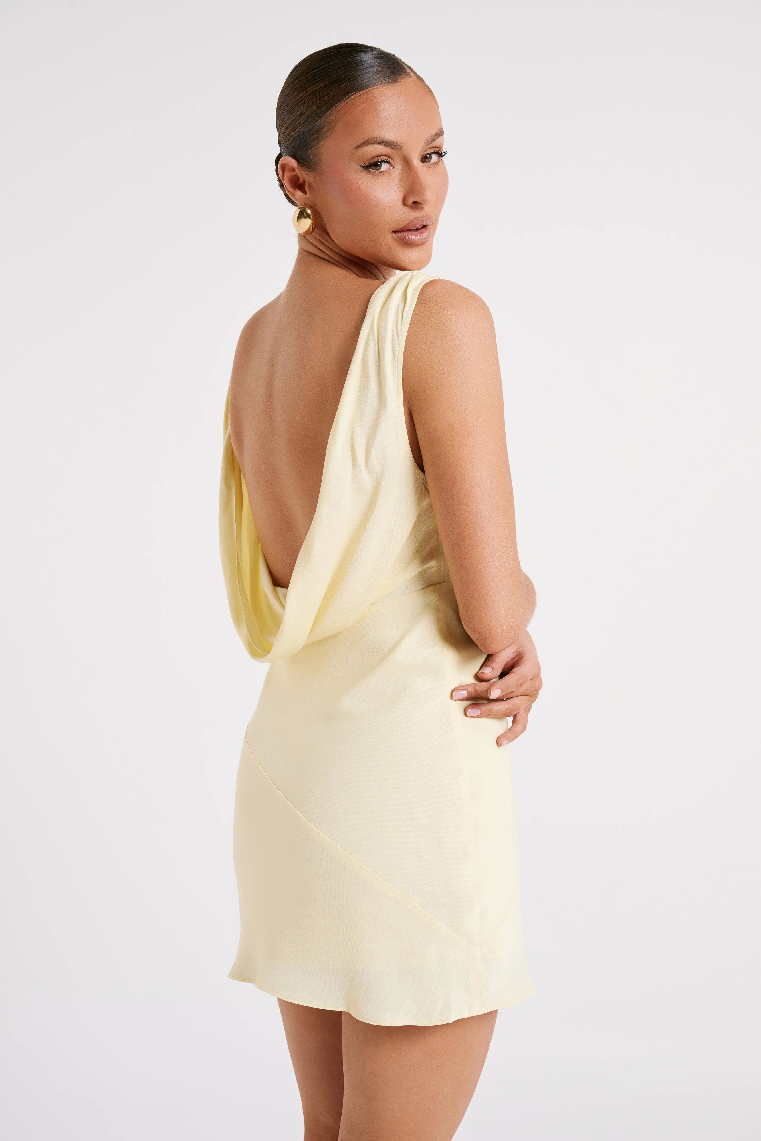 MESHKI Nadia Satin Mini Dress With Cowl Back - Light Yellow