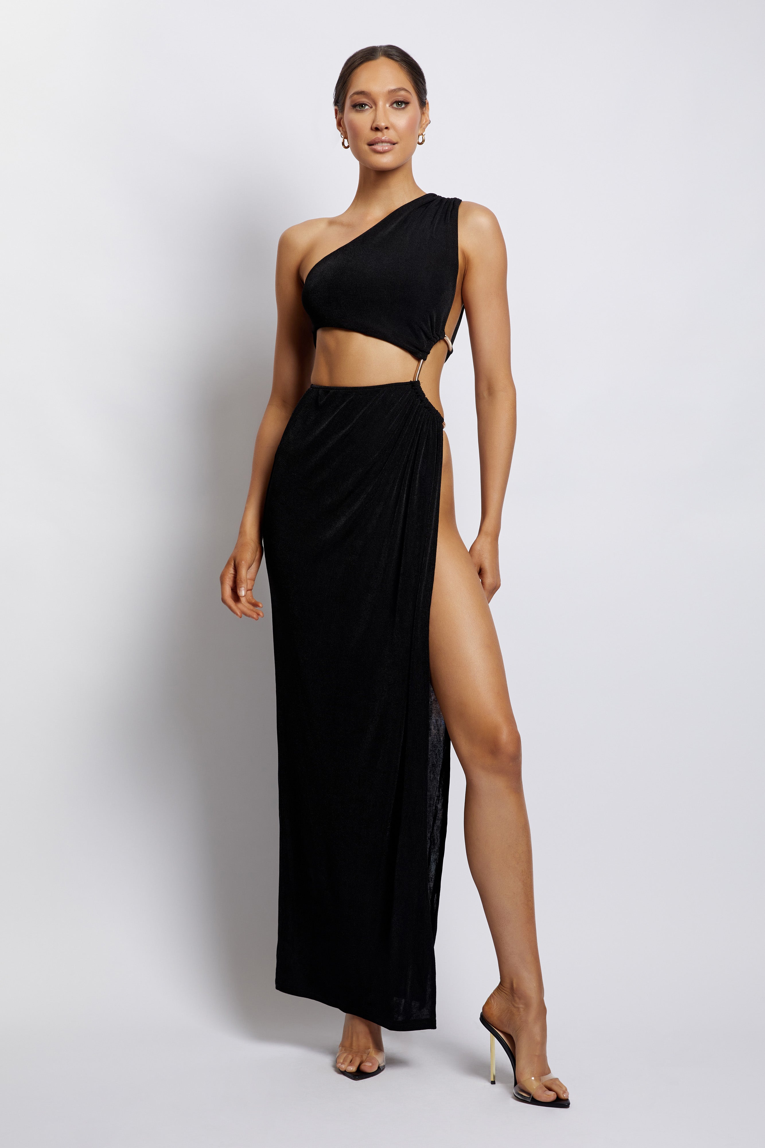 MESHKI Paige Ruched Side Cut Out Maxi Dress - Black