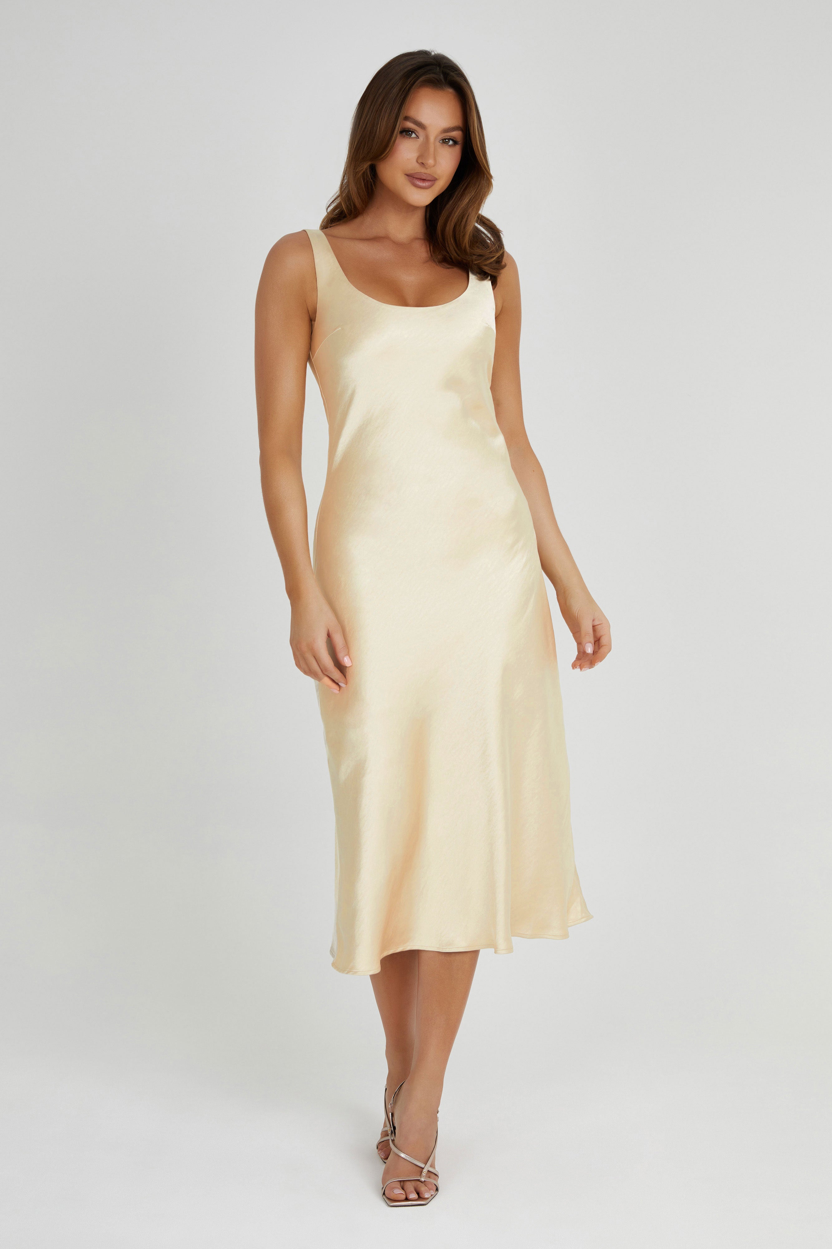 MESHKI Tamara Satin Iridescent Slip Midi Dress - Gold
