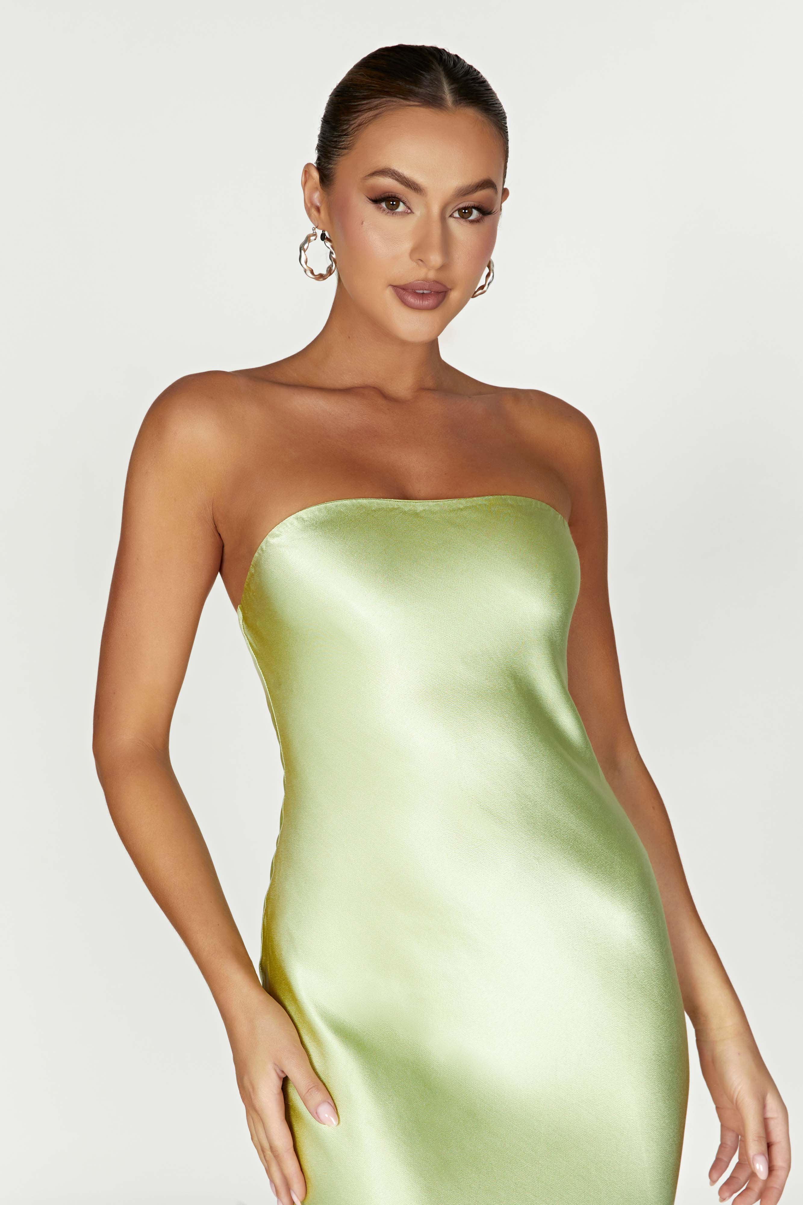 MESHKI Tyler Strapless Satin Midi Dress - Pistachio Green