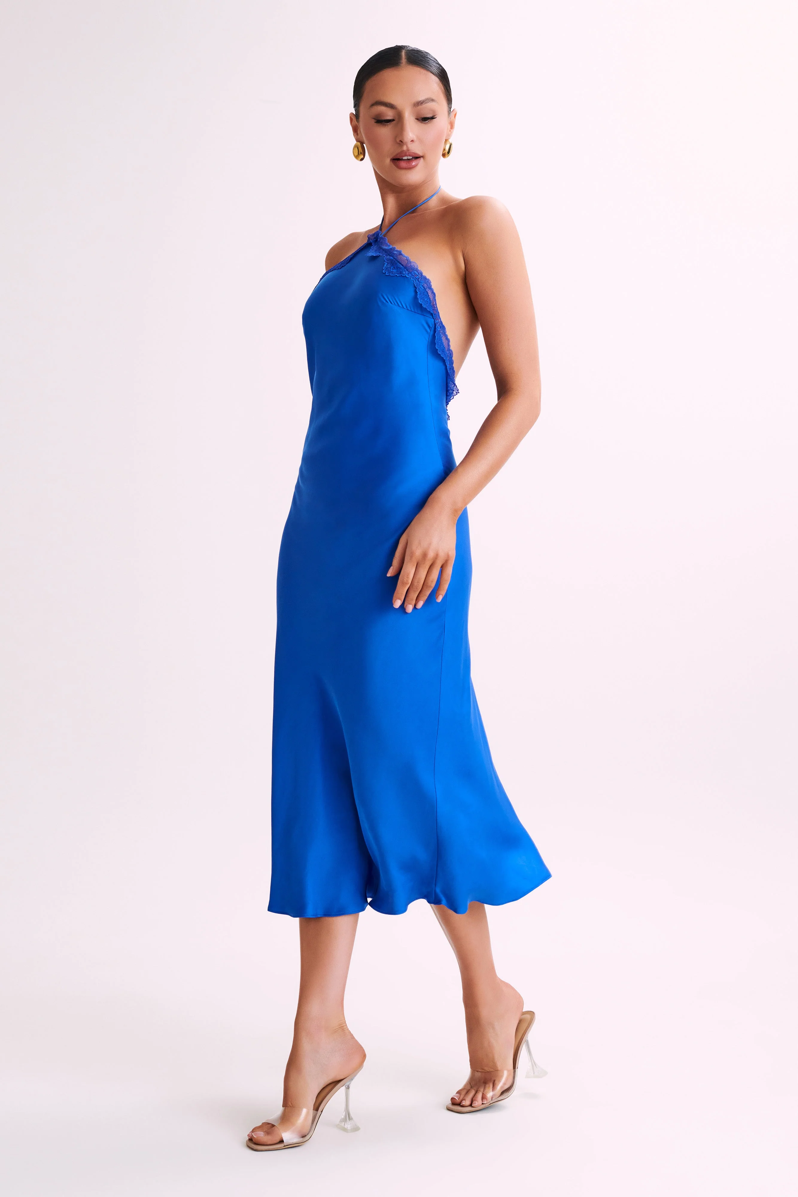 MESHKI Kaya Satin Midi Dress With Lace - Periwinkle