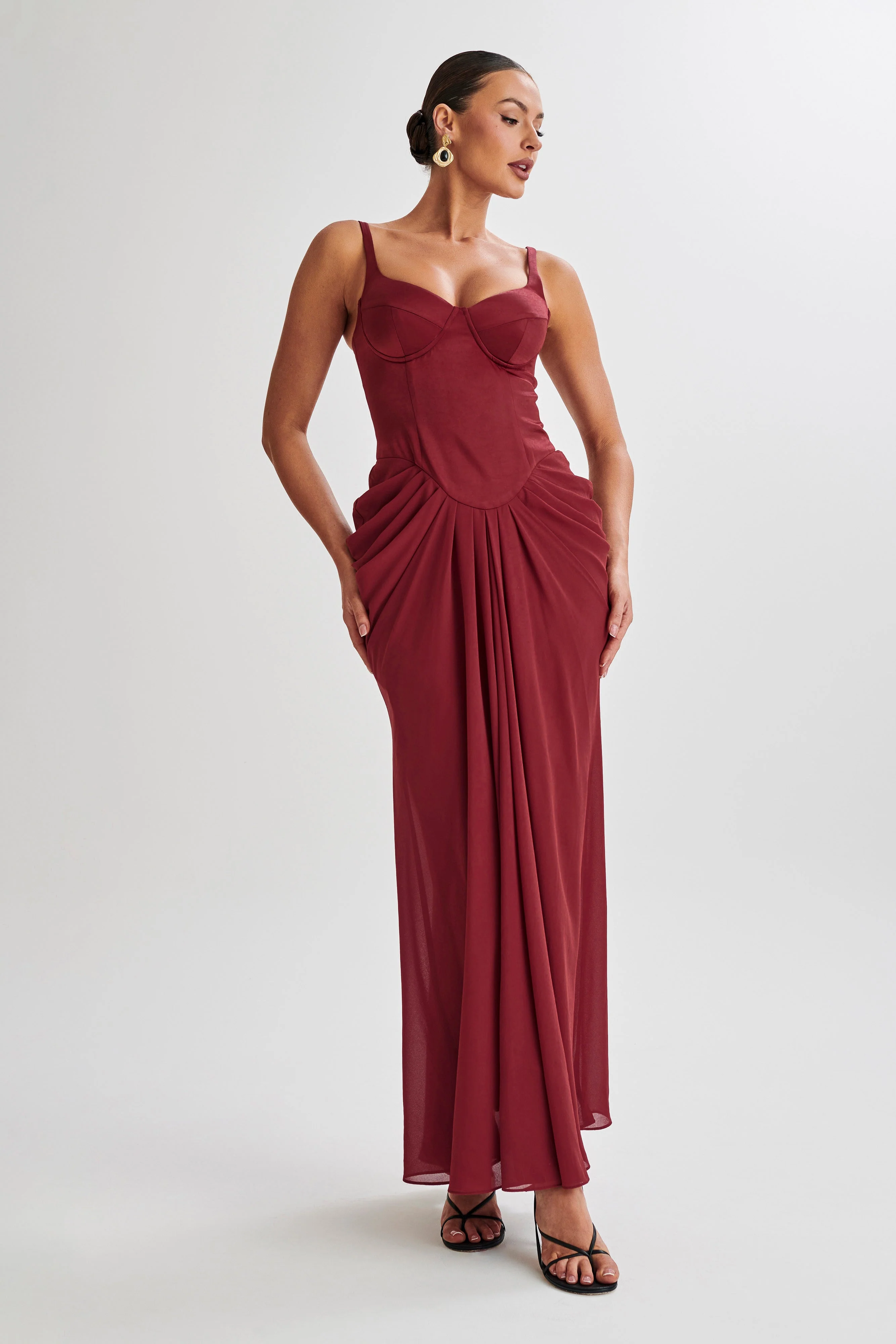 MESHKI Leila Satin Corset Maxi Dress - Wine