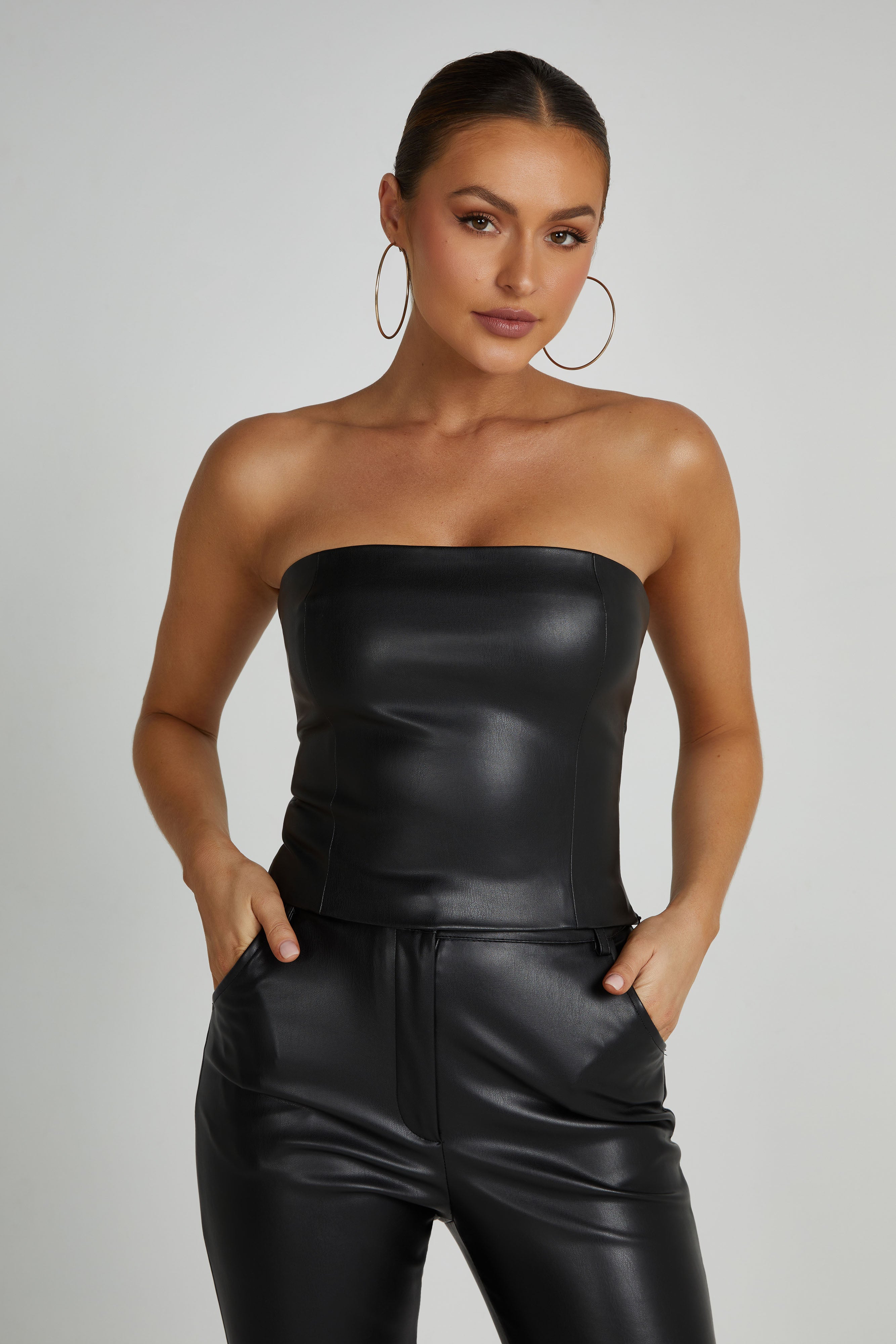 MESHKI Pamela Faux Leather Strapless Crop Top  - Black