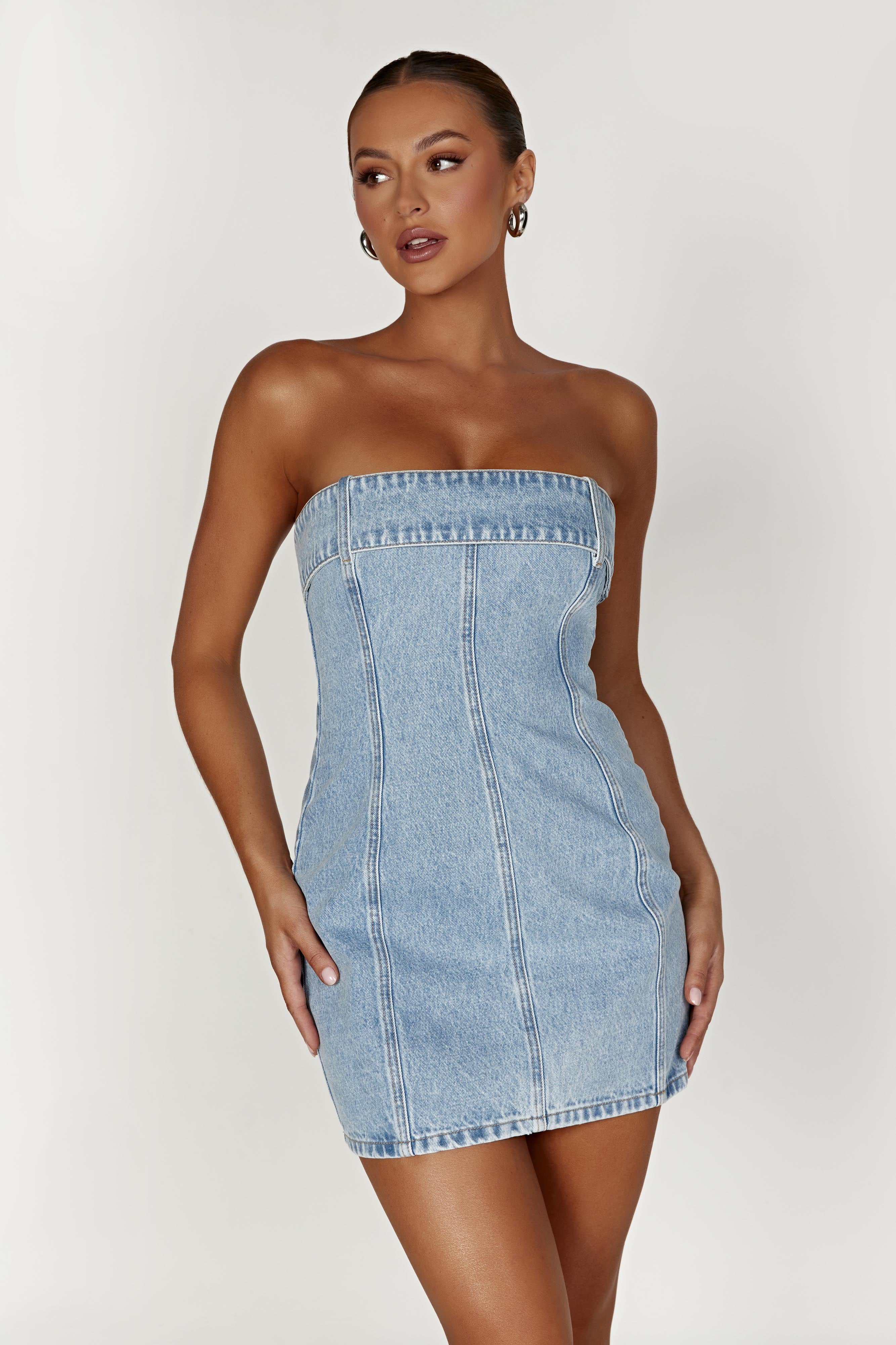 MESHKI Teddi Denim Mini Dress - Mid Blue