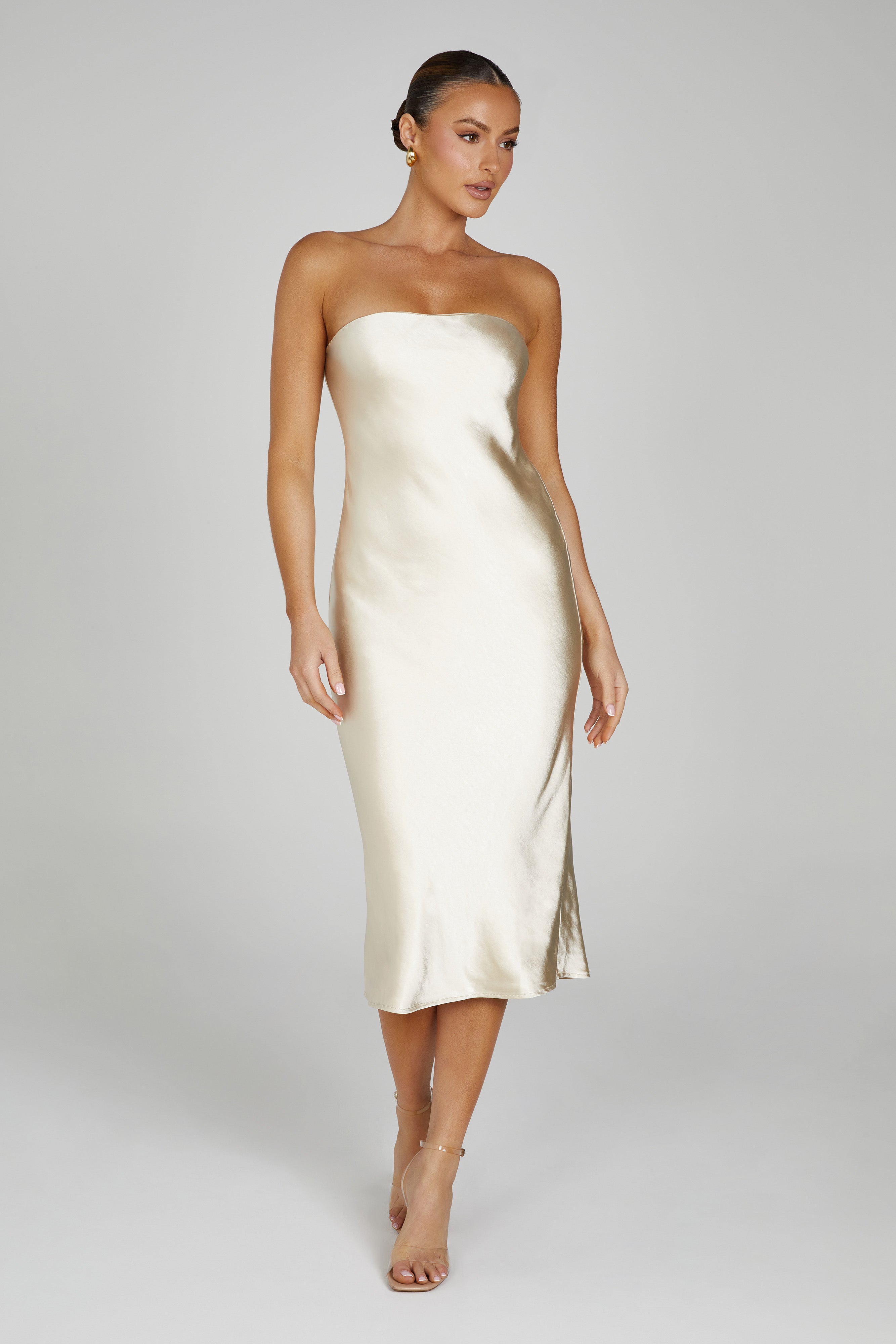 MESHKI Tyler Strapless Satin Midi Dress - Gold