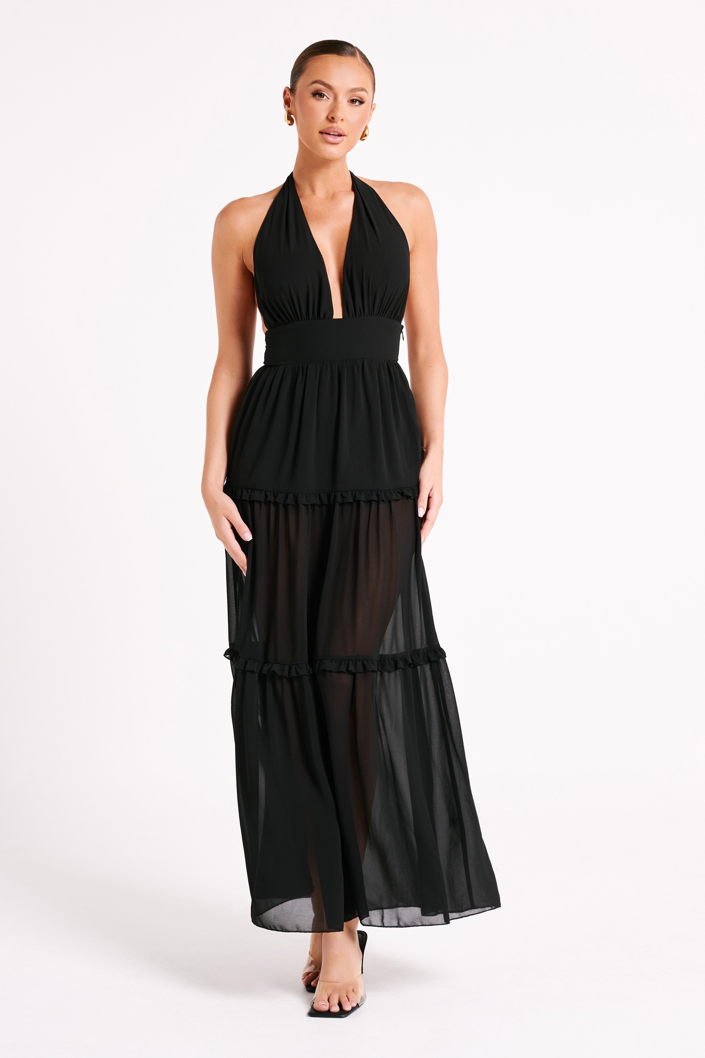 MESHKI Marianna Tiered Halter Maxi Dress - Black