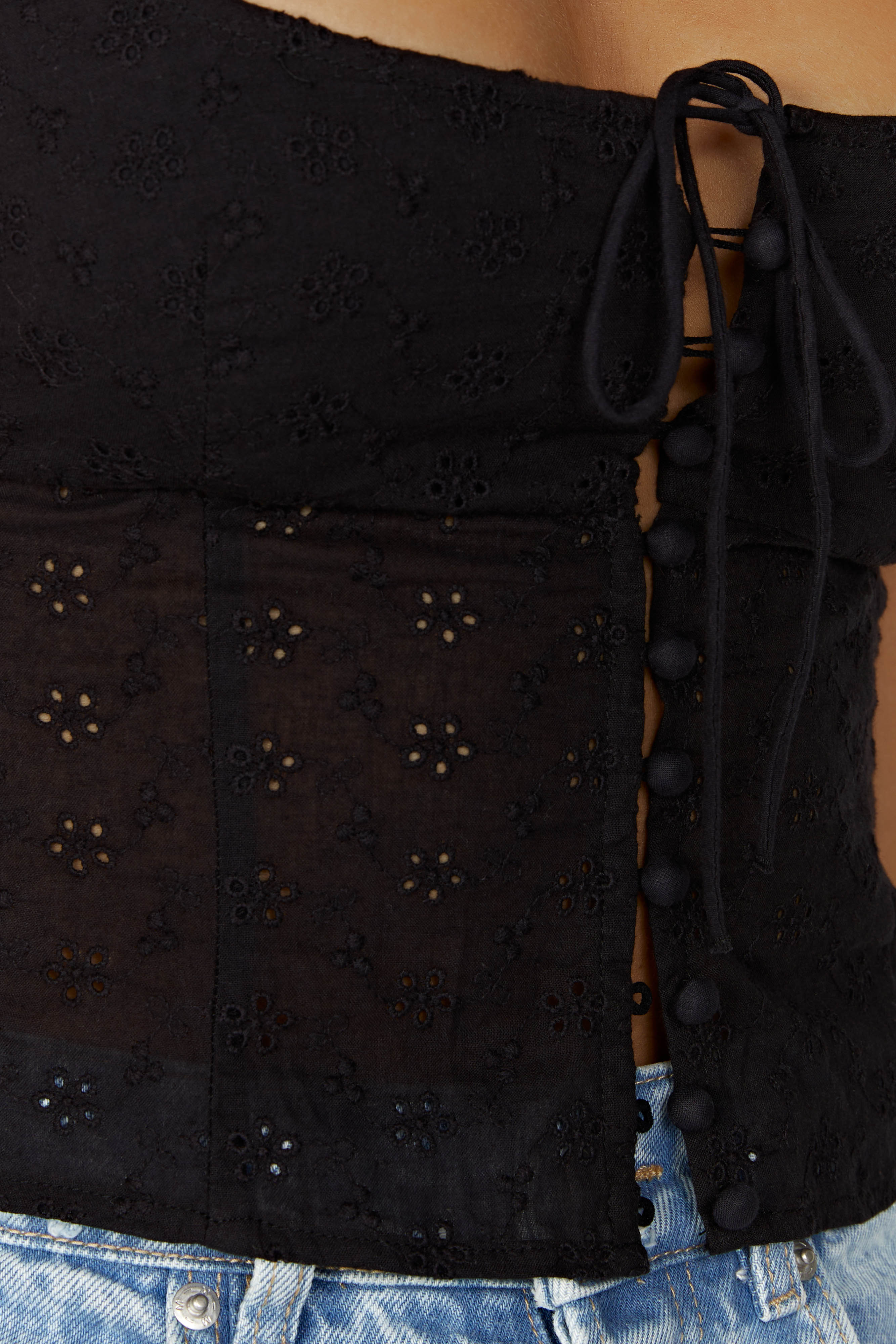 MESHKI Cressida Cotton Anglaise Puff Sleeve Top - Black