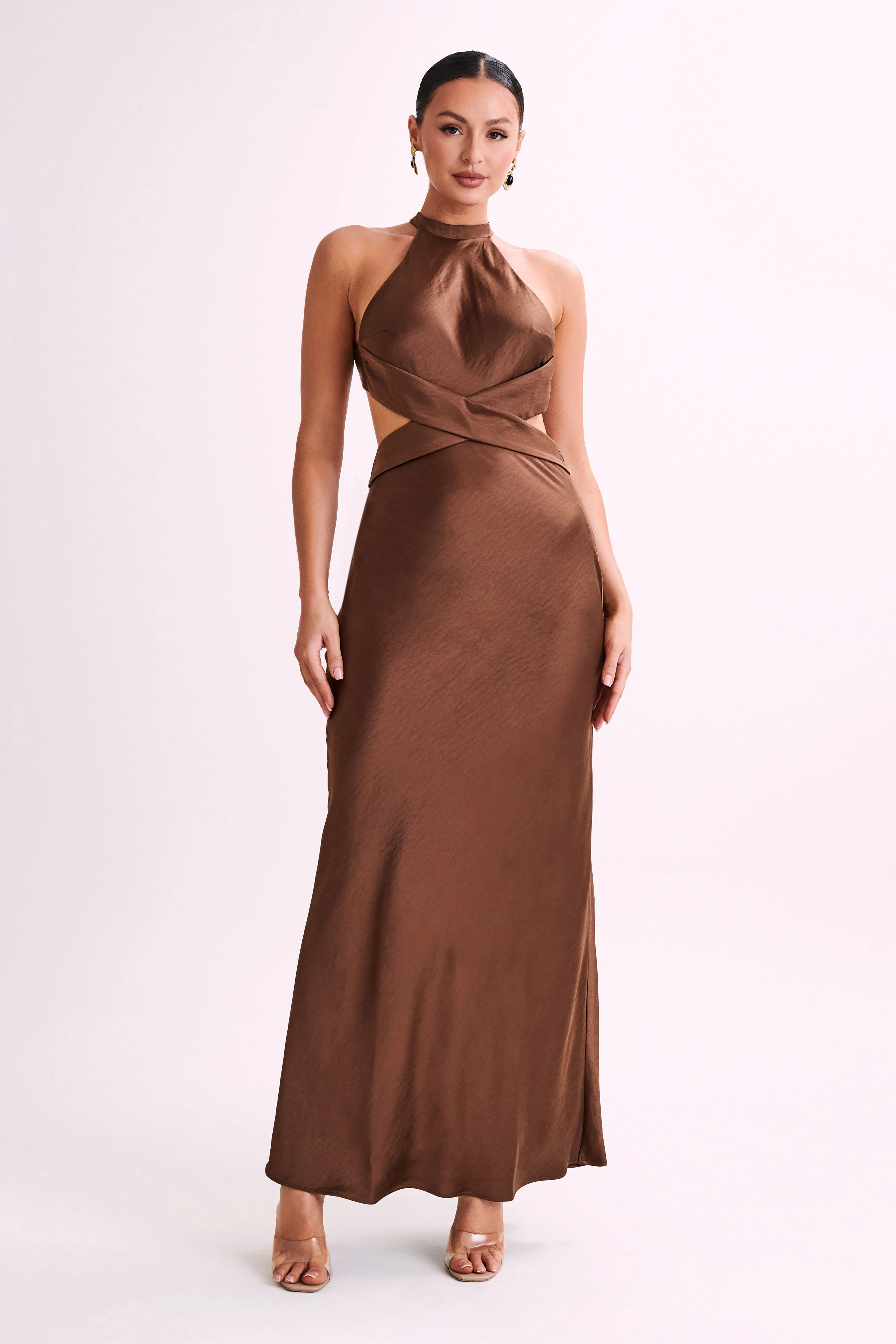 MESHKI Nalani Satin Halter Maxi Dress - Chocolate