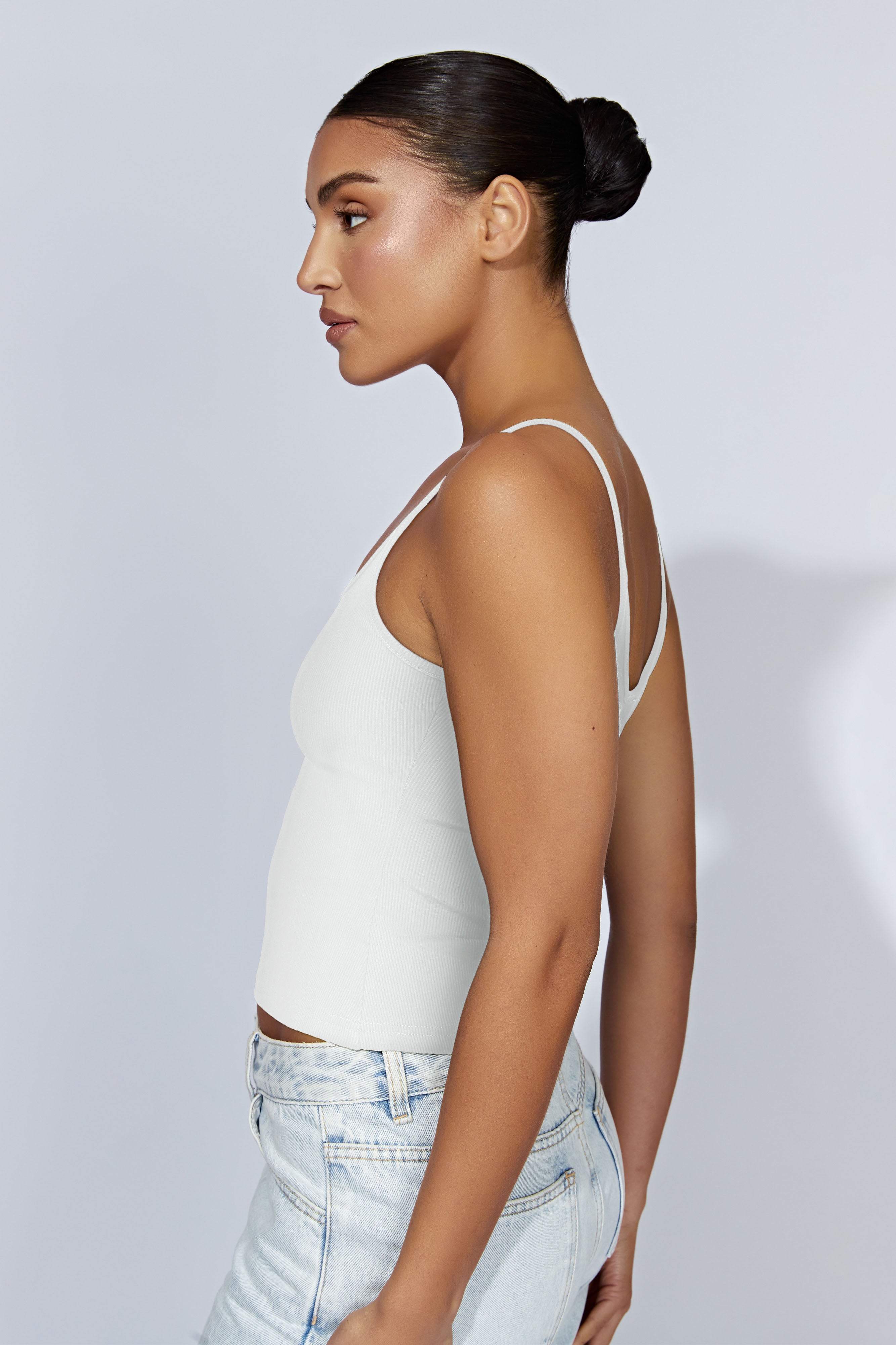 MESHKI Alexis Ribbed Cami Longline Top - White