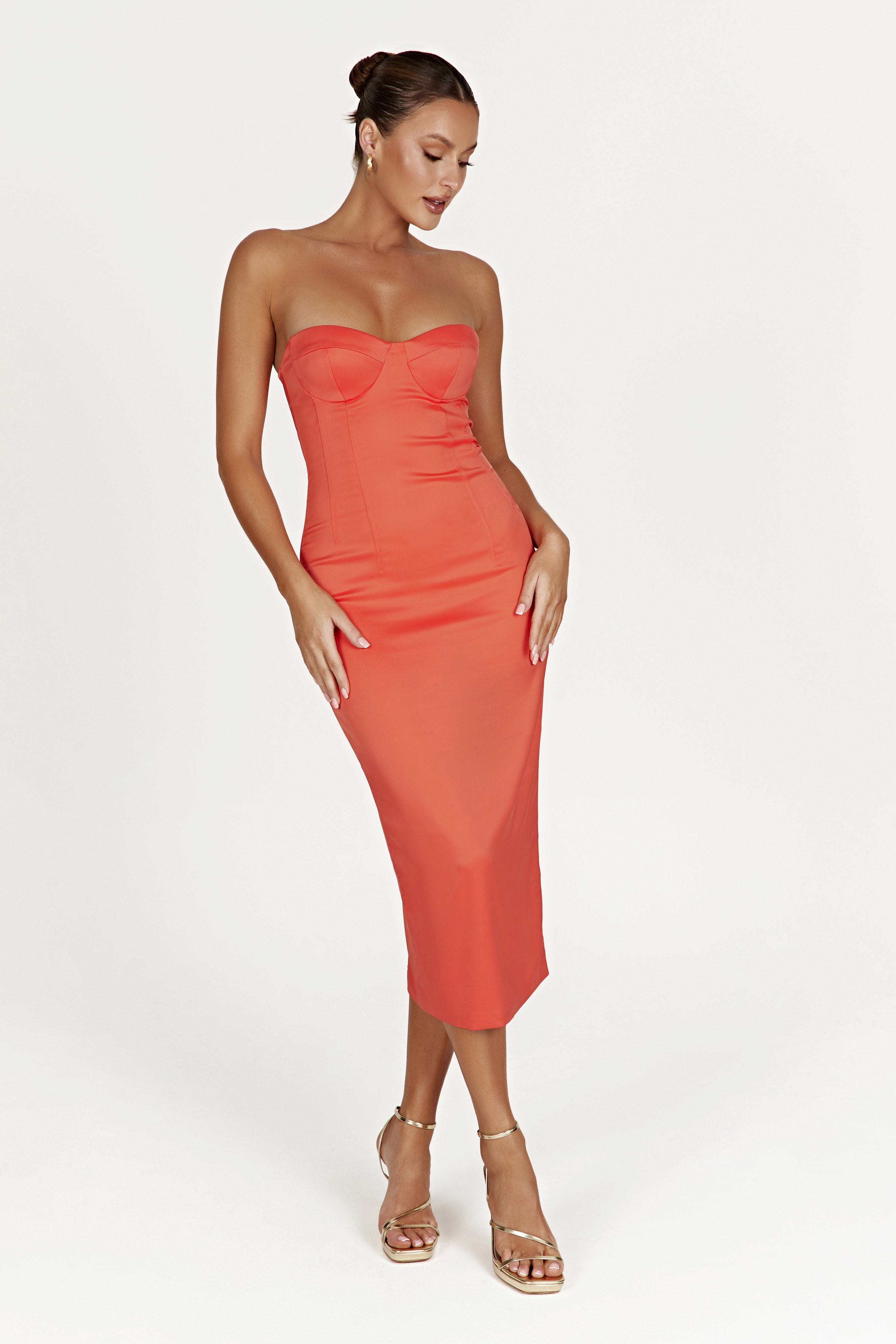 MESHKI Bryony Cupped Bodycon Midi Dress - Coral