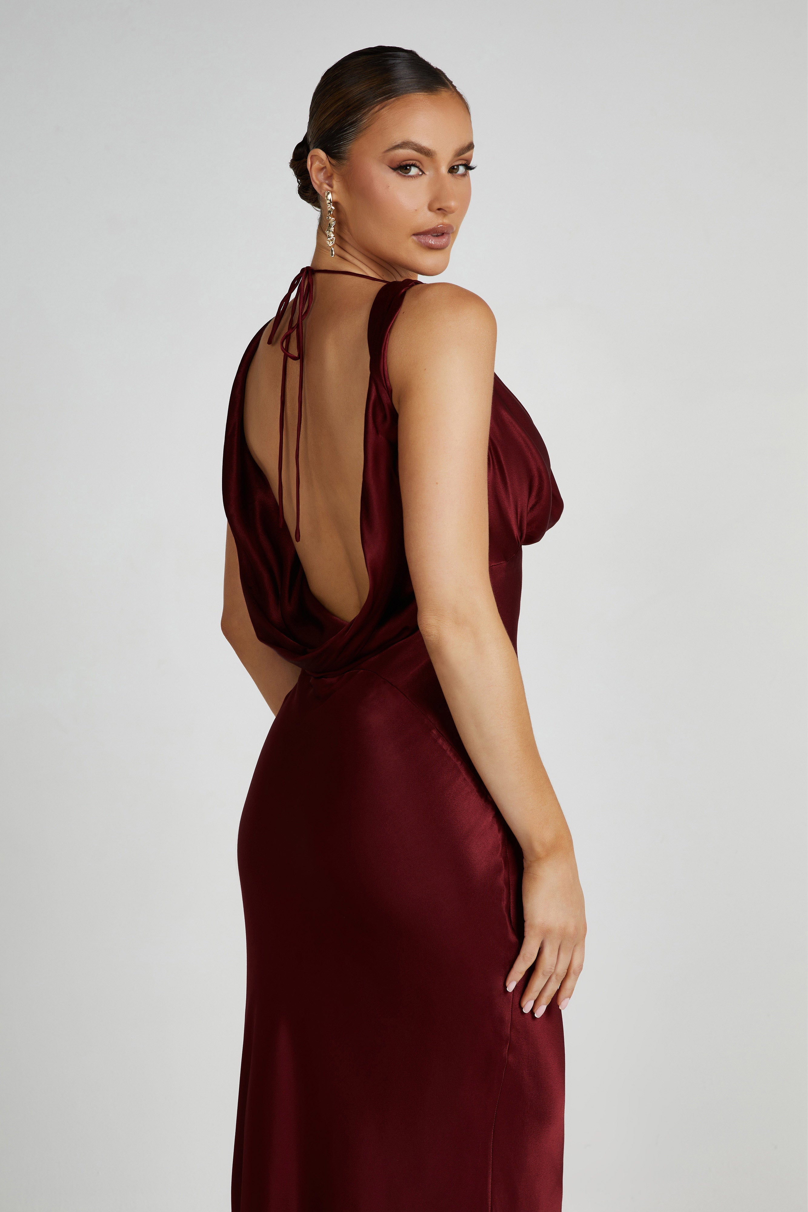 MESHKI Angelique Satin Cowl Back Maxi Dress - Berry