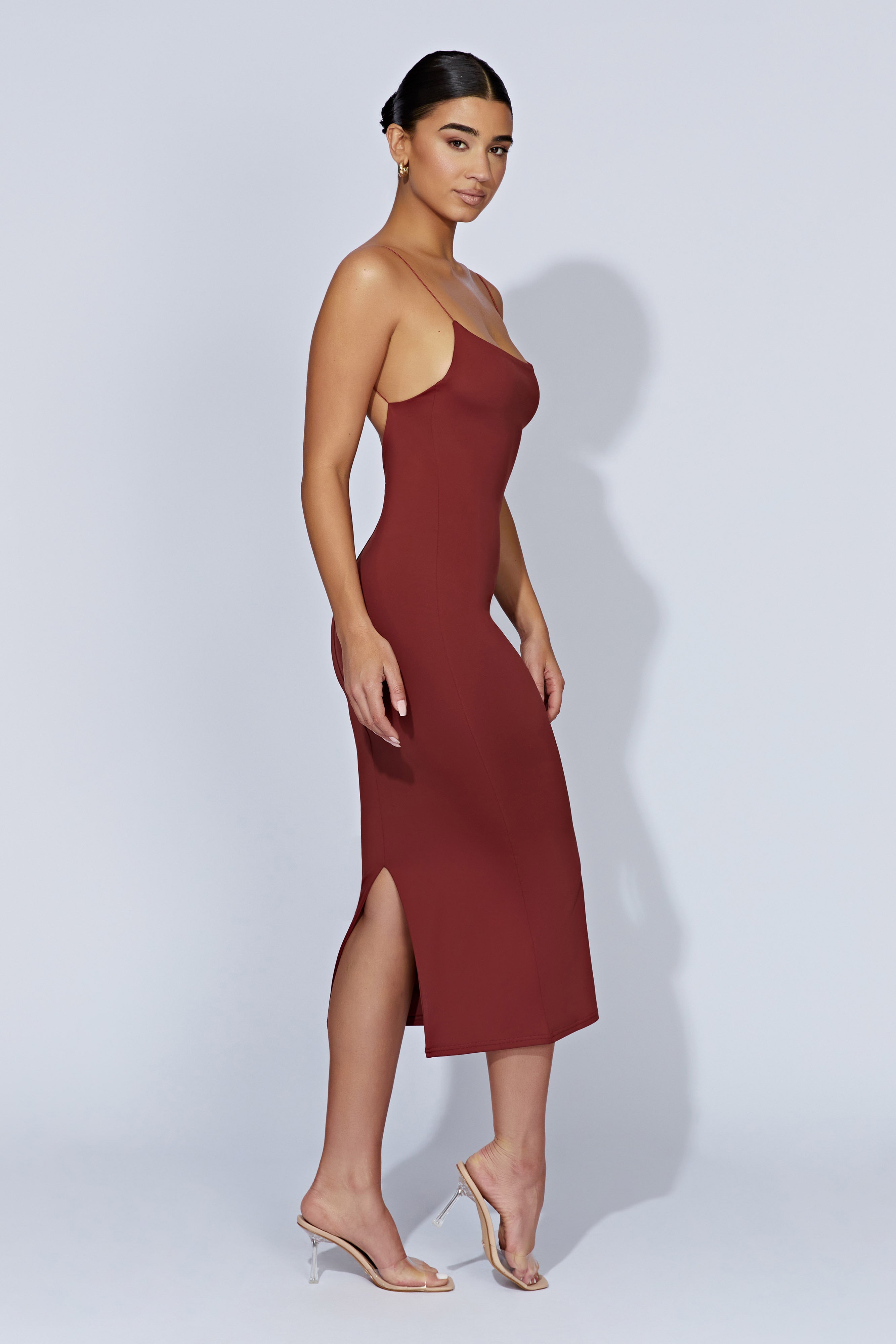 MESHKI Lexia Scoop Low Neck Midi Dress - Cherry Chocolate