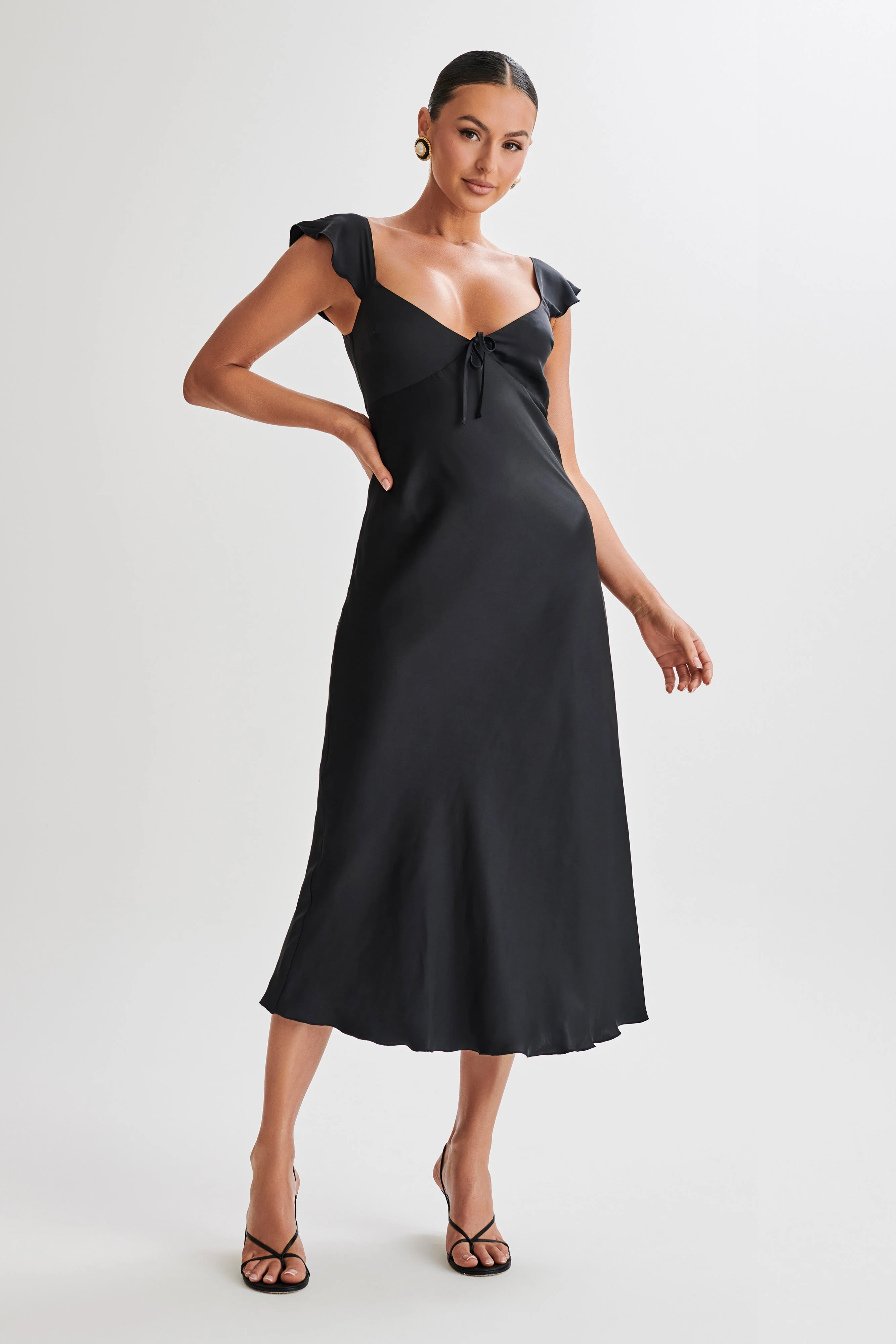 MESHKI Chantal Short Sleeve Satin Midi Dress - Black