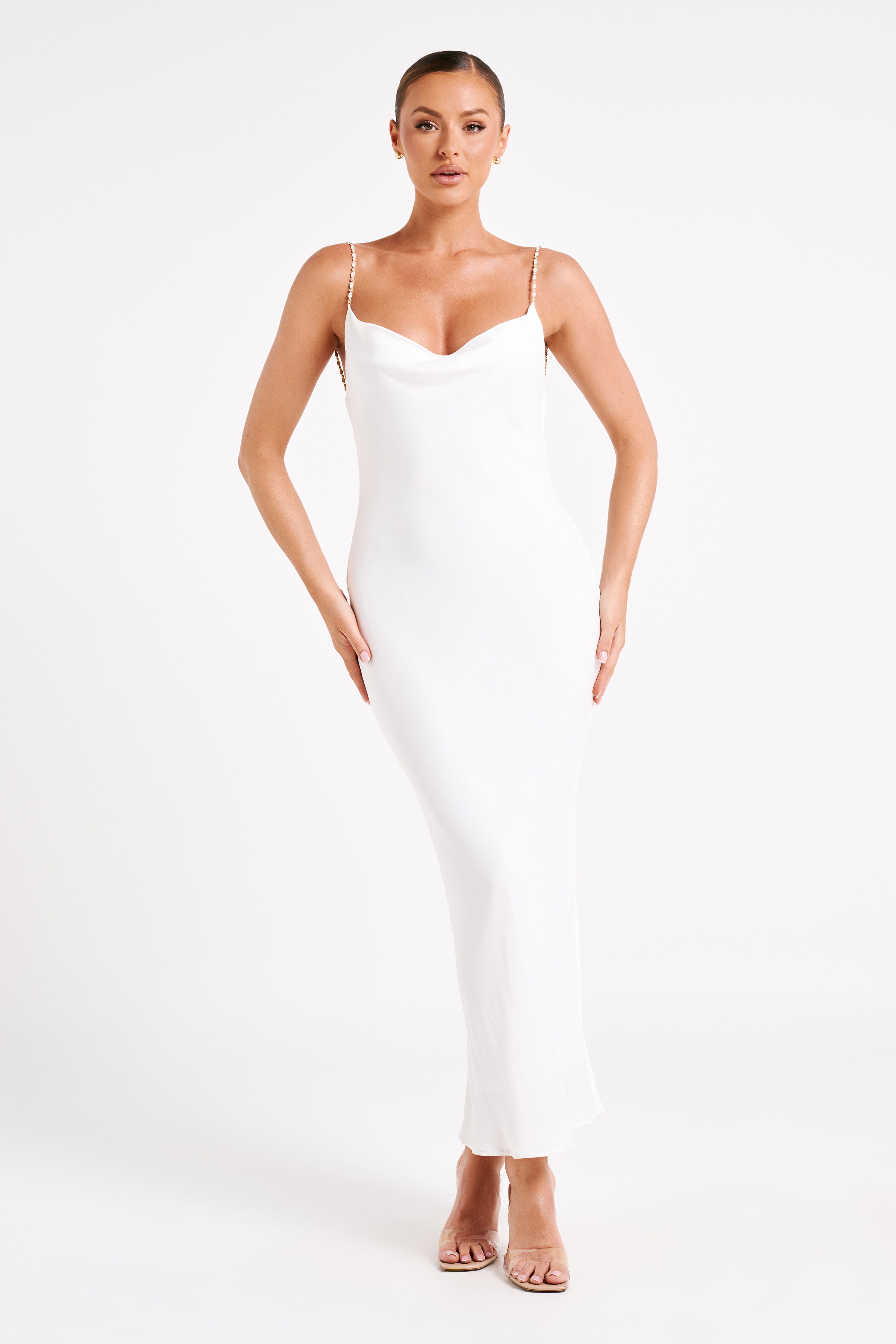 MESHKI Adela Cowl Midi Dress With Pearl Trim - White