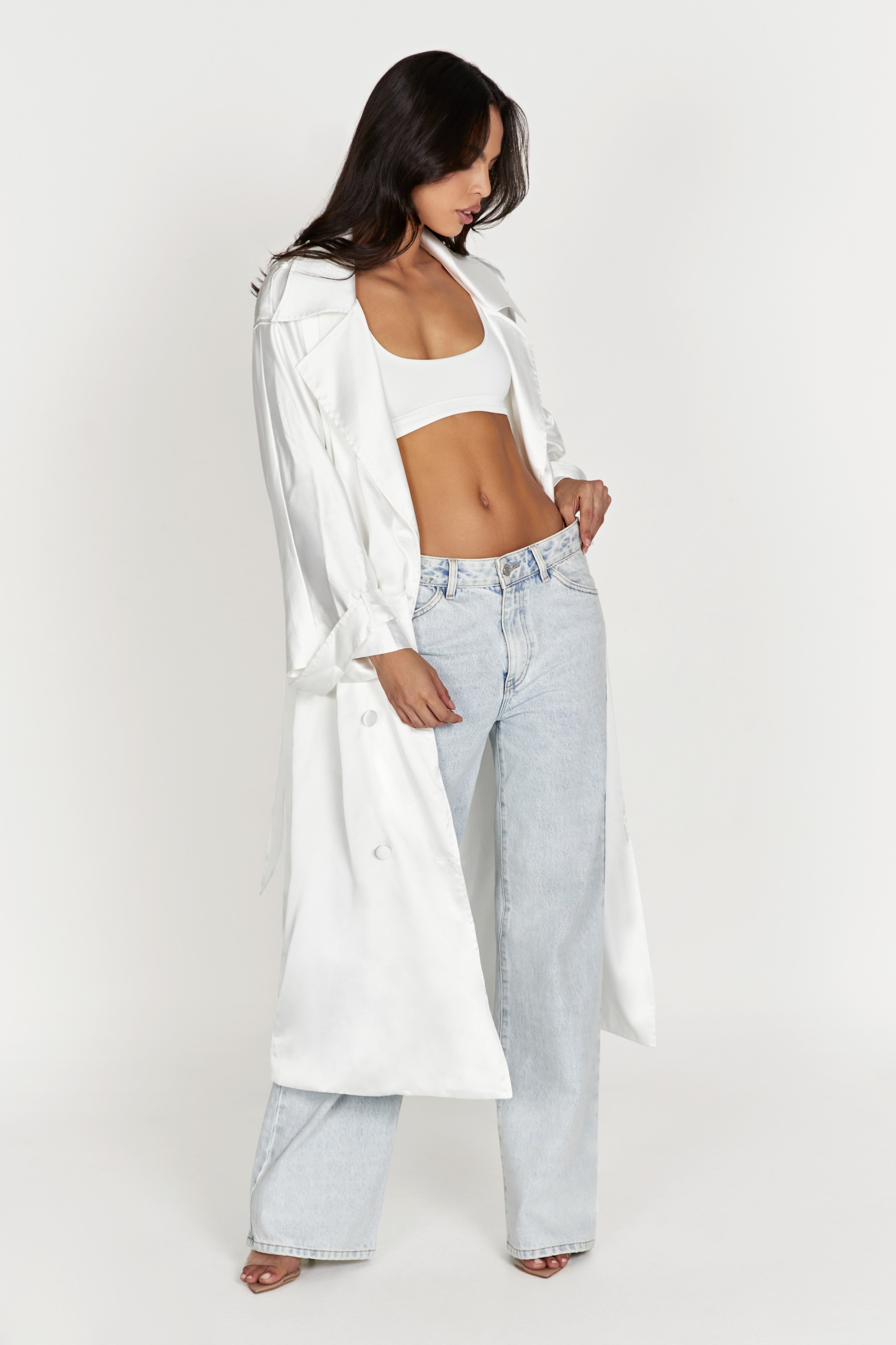 MESHKI Azaela Satin Trench Coat - White