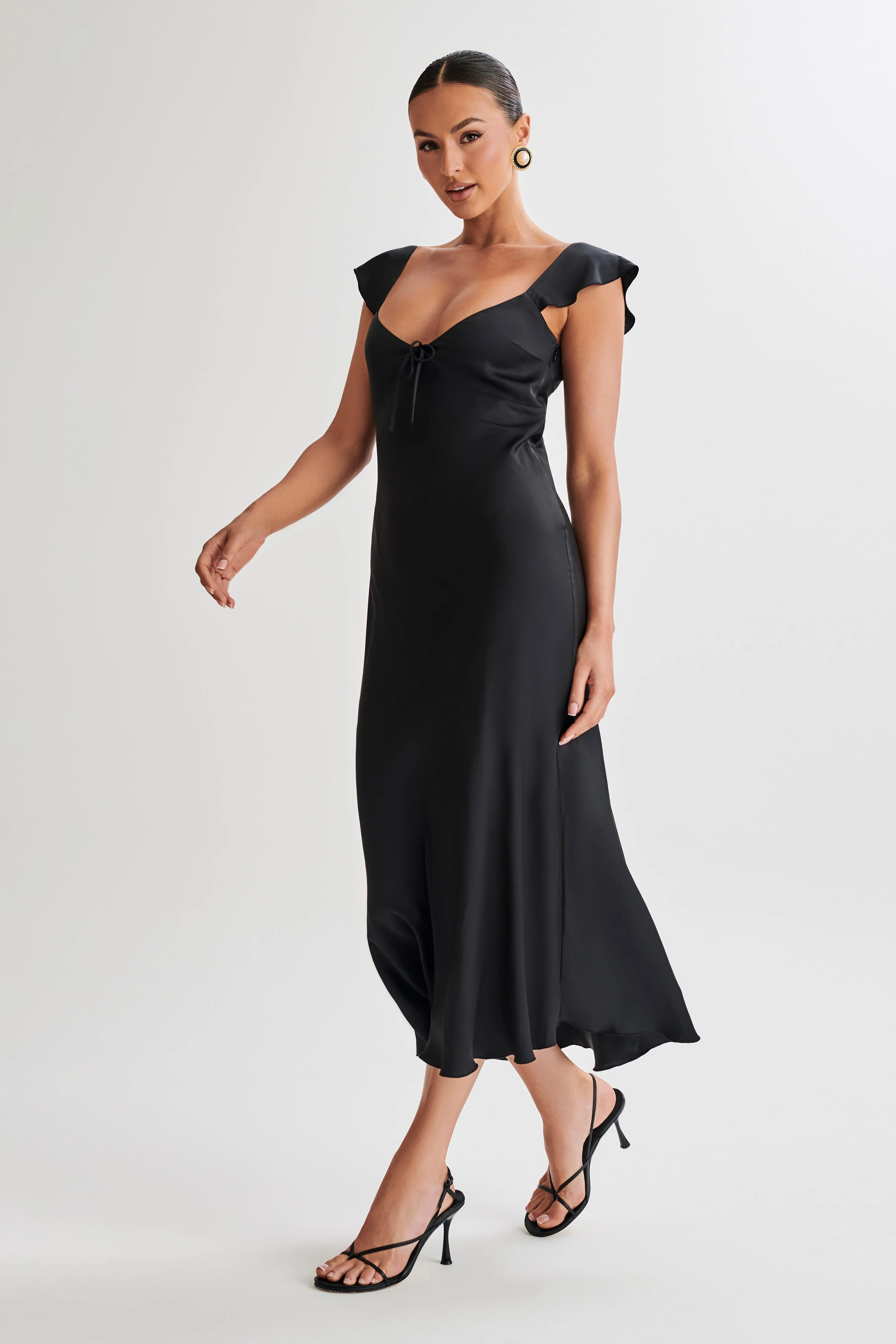 MESHKI Chantal Short Sleeve Satin Midi Dress - Black