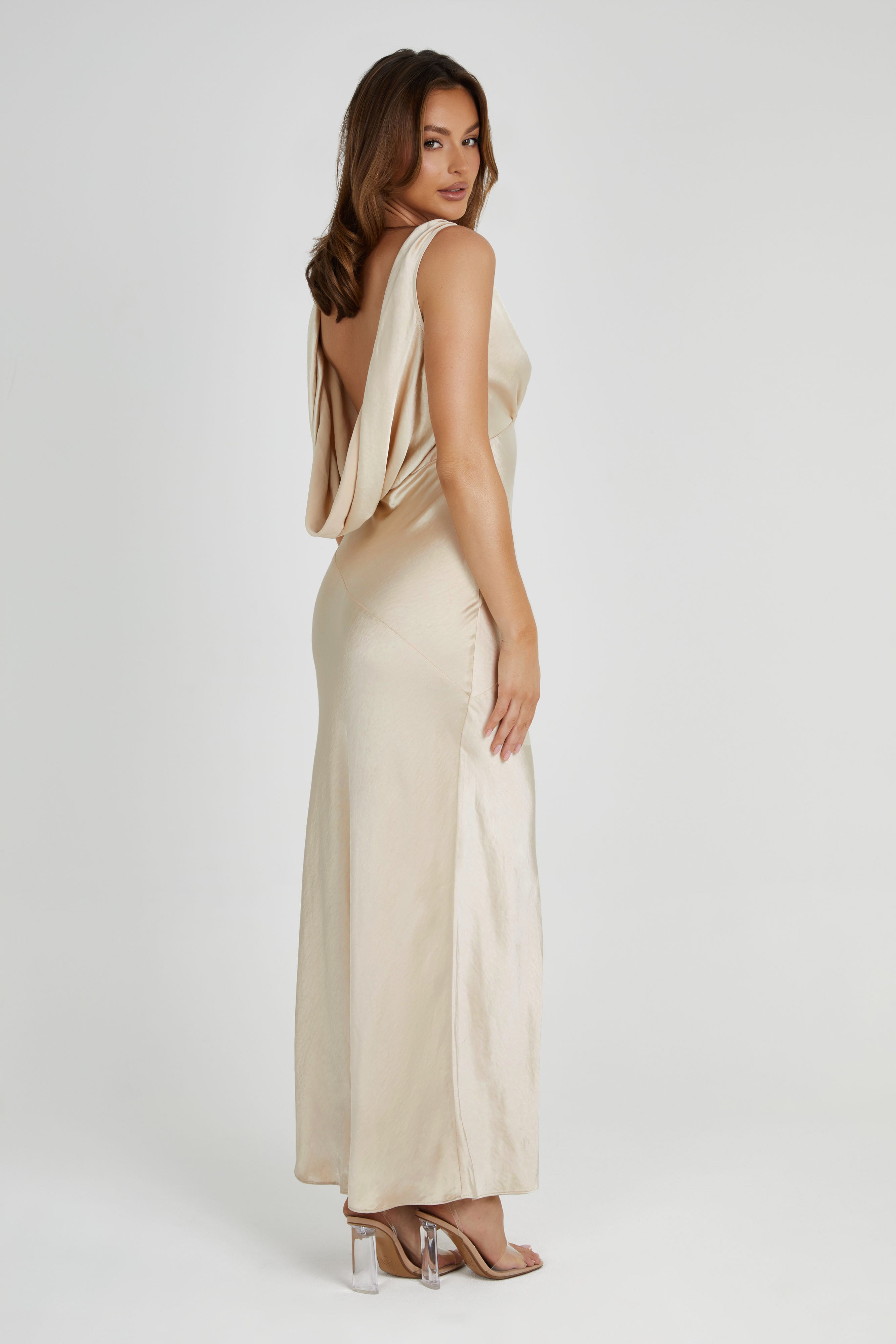 MESHKI Nadia Maxi Satin Dress With Back Cowl - Gold