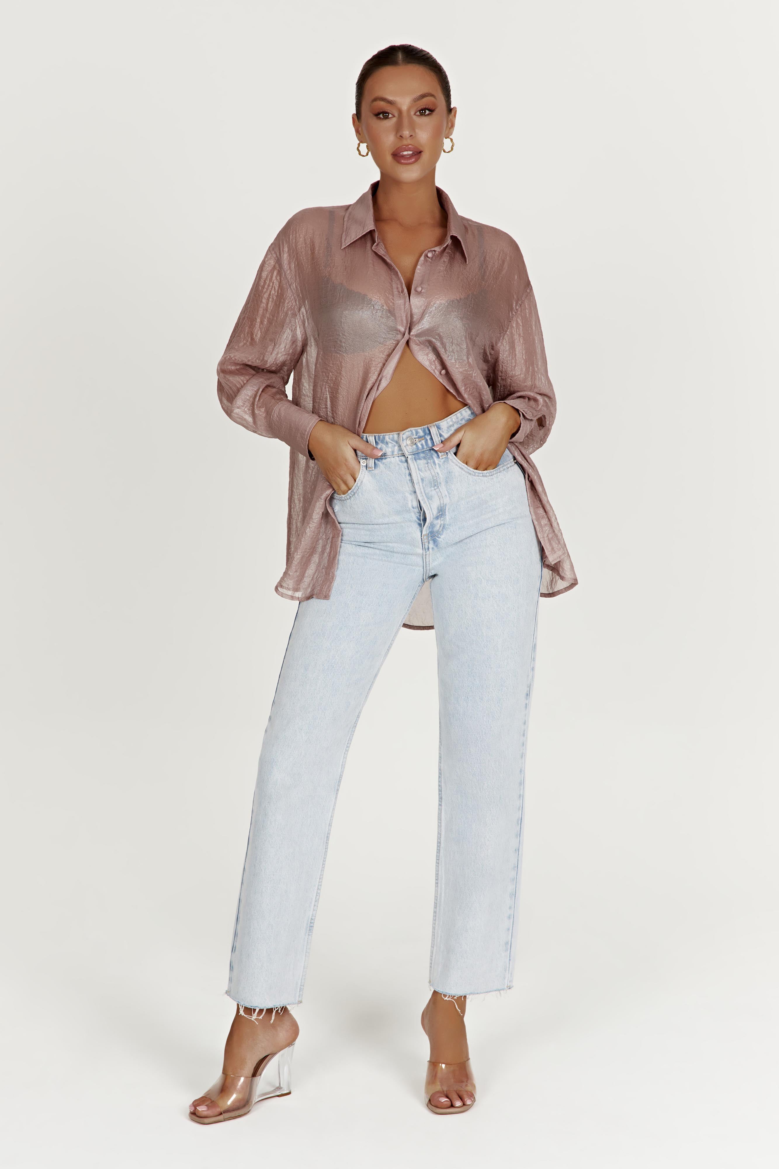 MESHKI Molly Oversized Sheer Iridescent Shirt - Taupe