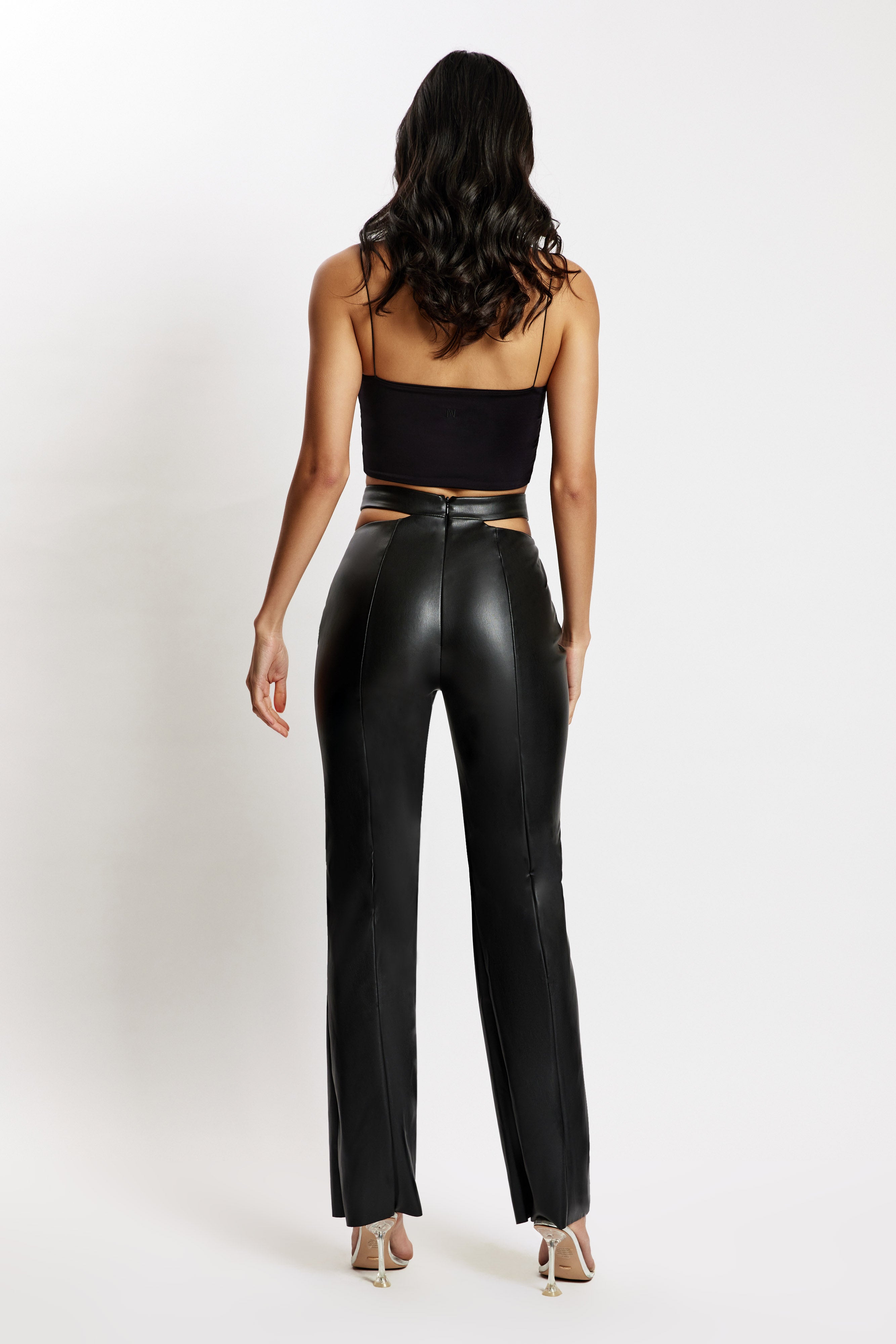 MESHKI Callie Faux Leather Cut Out Side Straight Leg Pant - Black