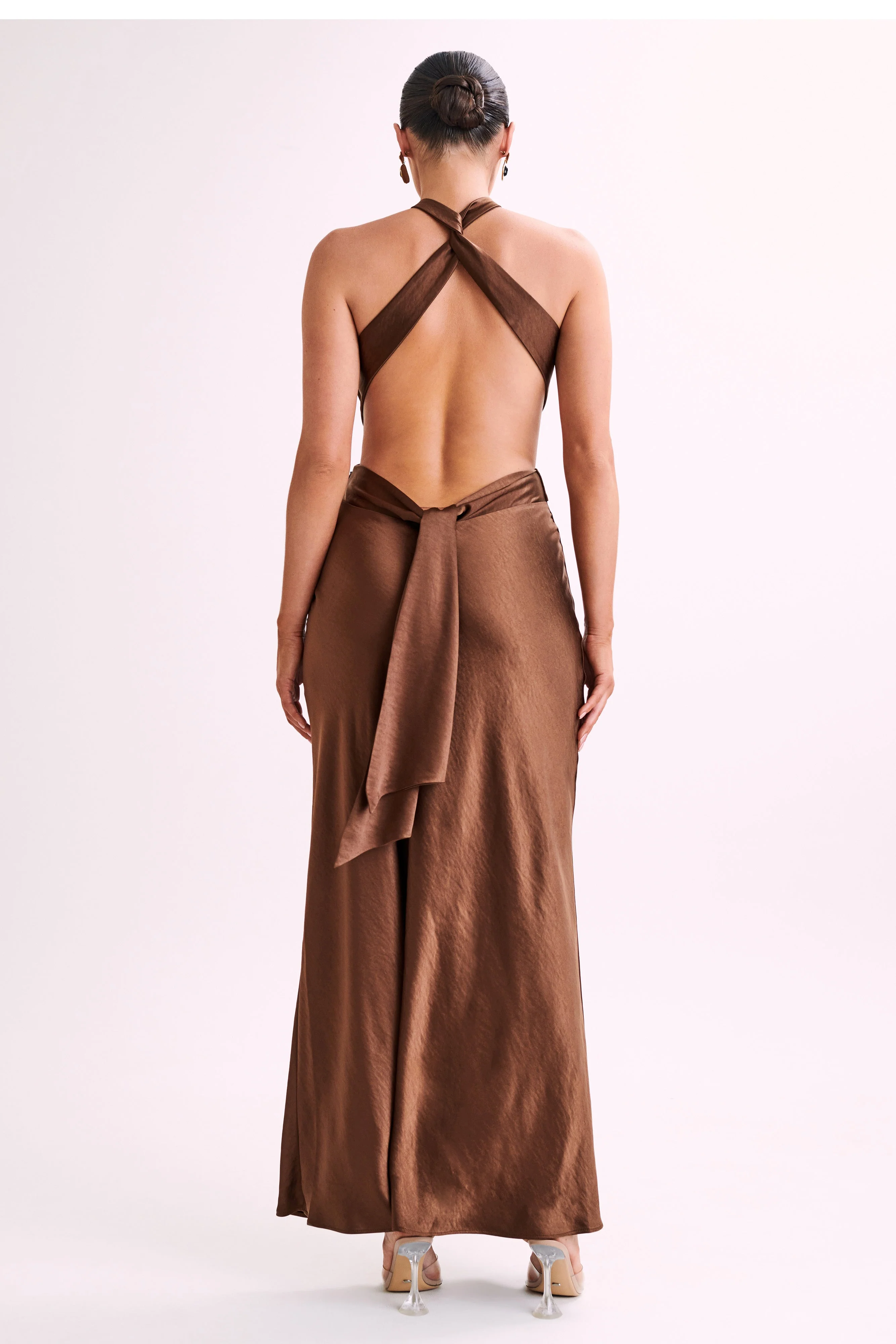 MESHKI Nalani Satin Halter Maxi Dress - Chocolate