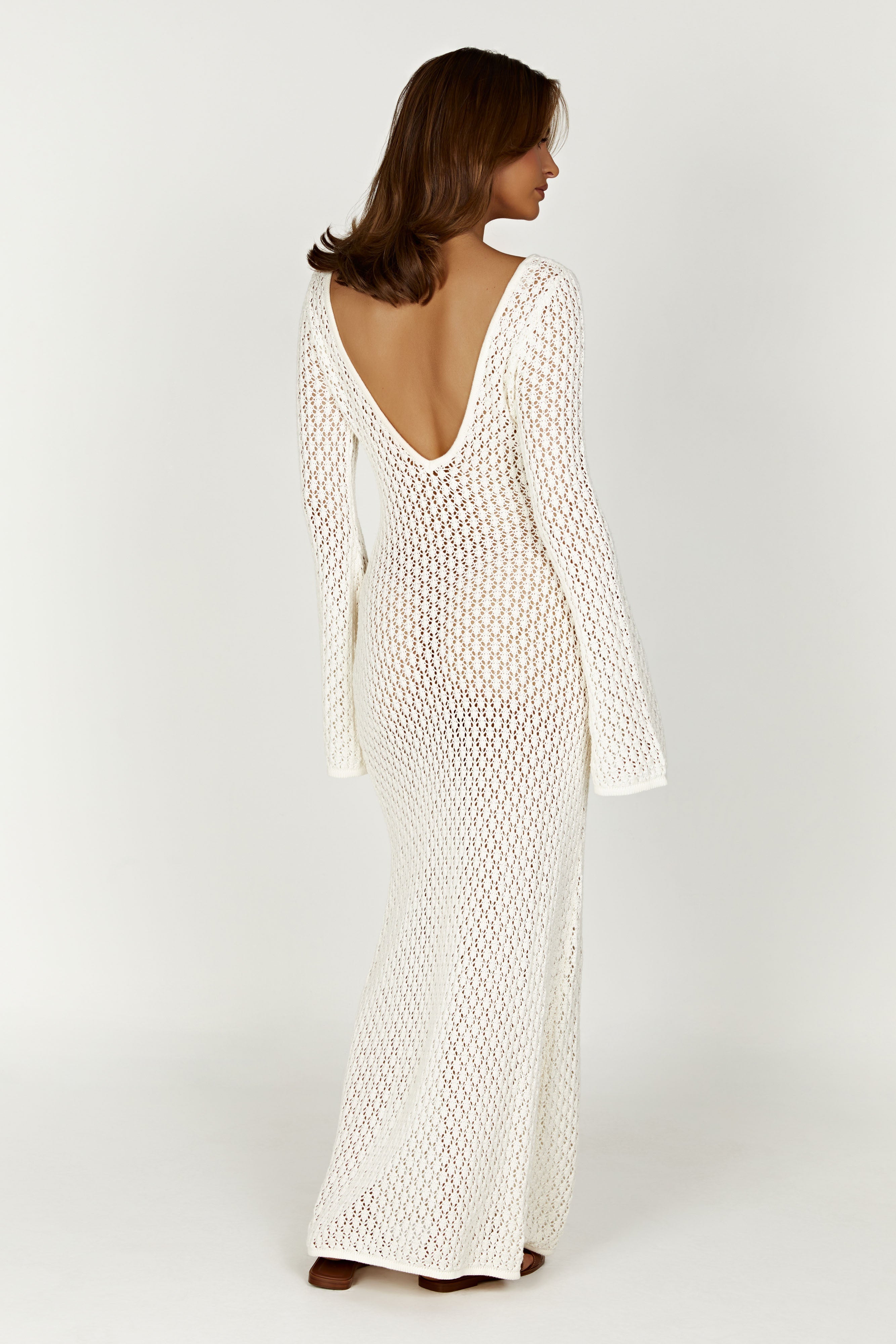 MESHKI Kayleigh Crochet Fishtail Flare Sleeve Maxi Dress - White