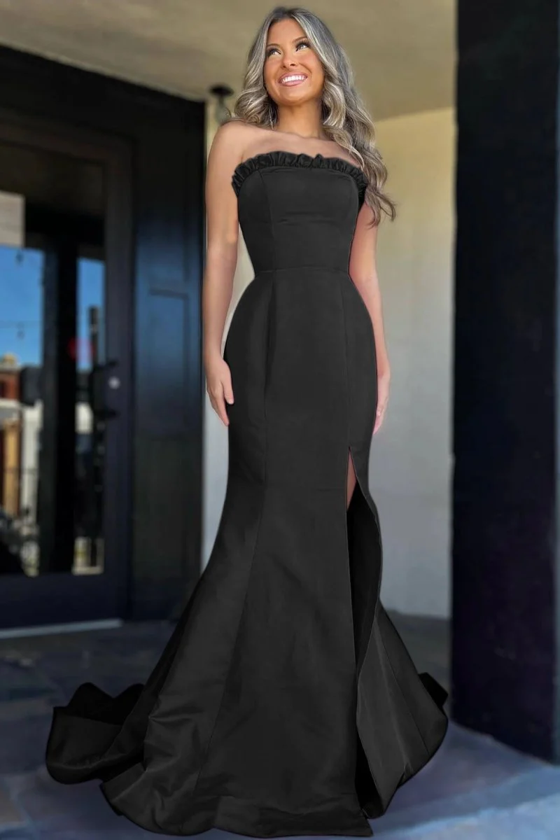 Denver | Strapless Maganta Ruffle Mermaid Slit Long Prom Dress