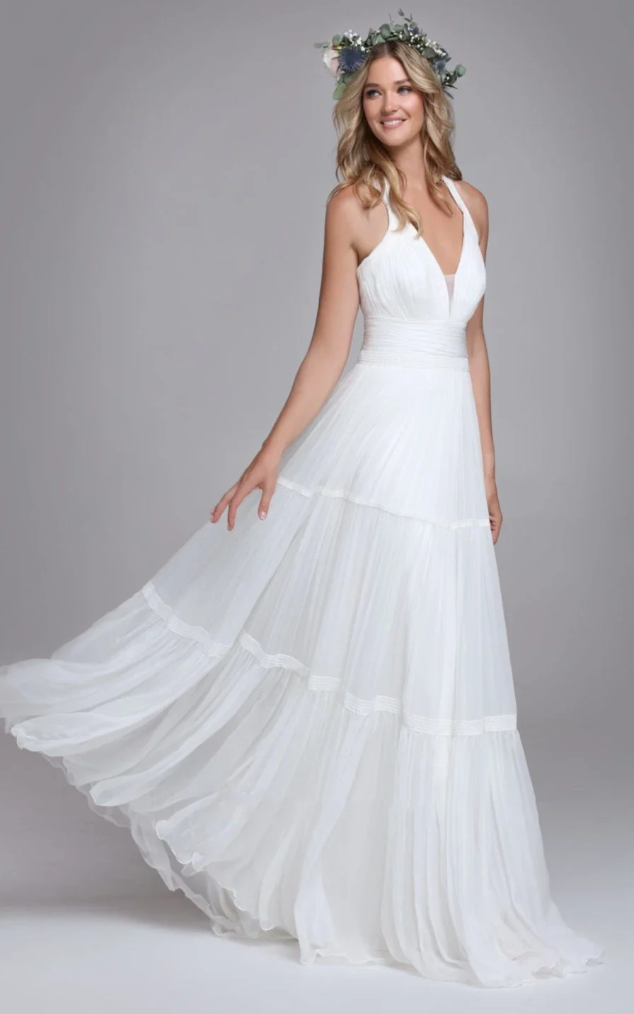 Bohemian Halter A Line Tulle Brush Train Wedding Dress with Ruching