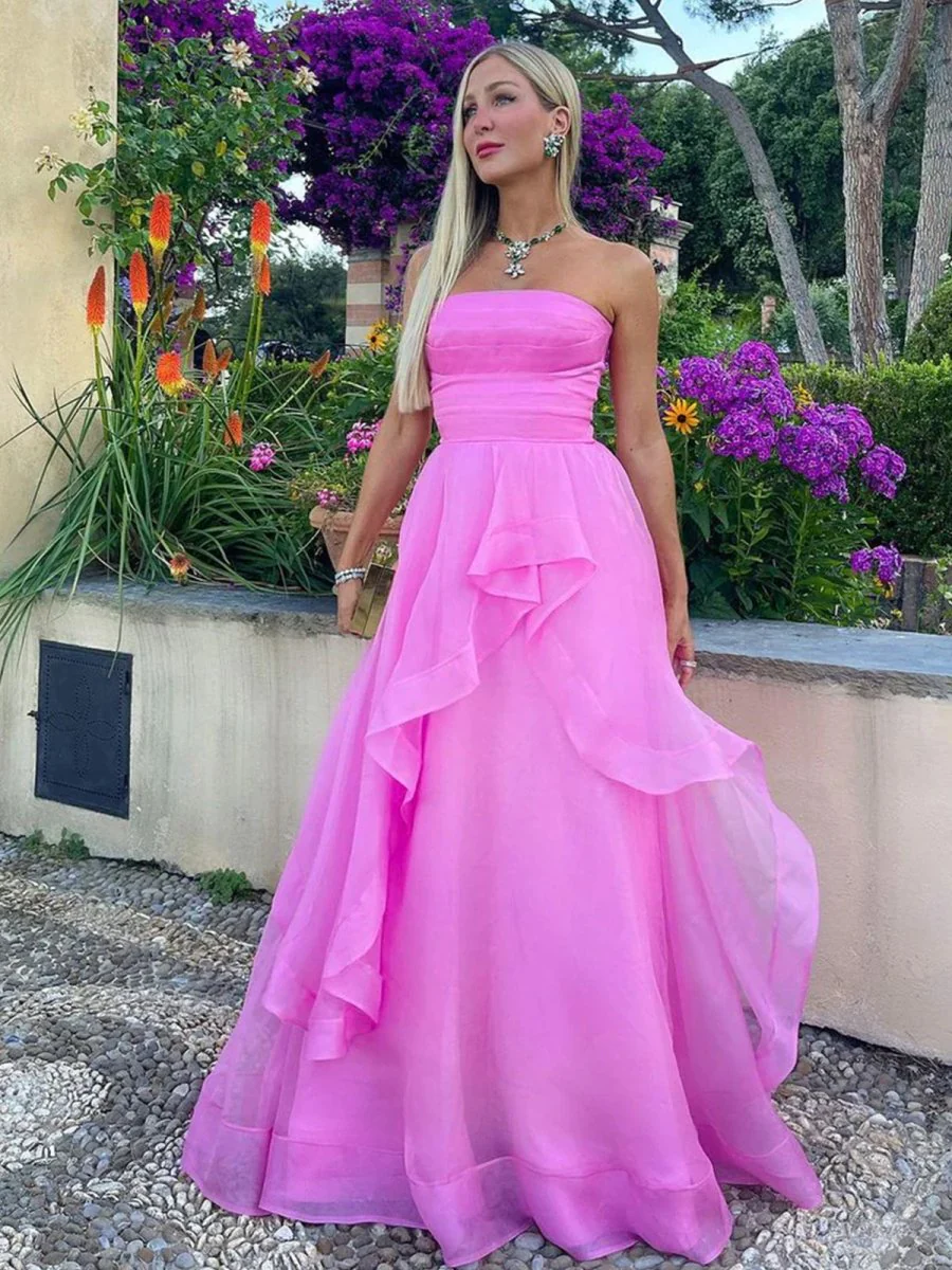 Elisa |Light Pink A Line Strapless Organza Prom Dress