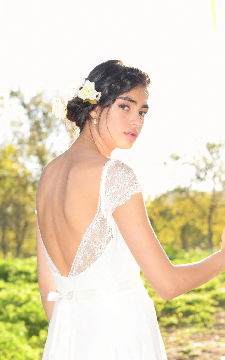 V-Neck Cap Sleeve Long A-Line Chiffon Wedding Dress With Beading