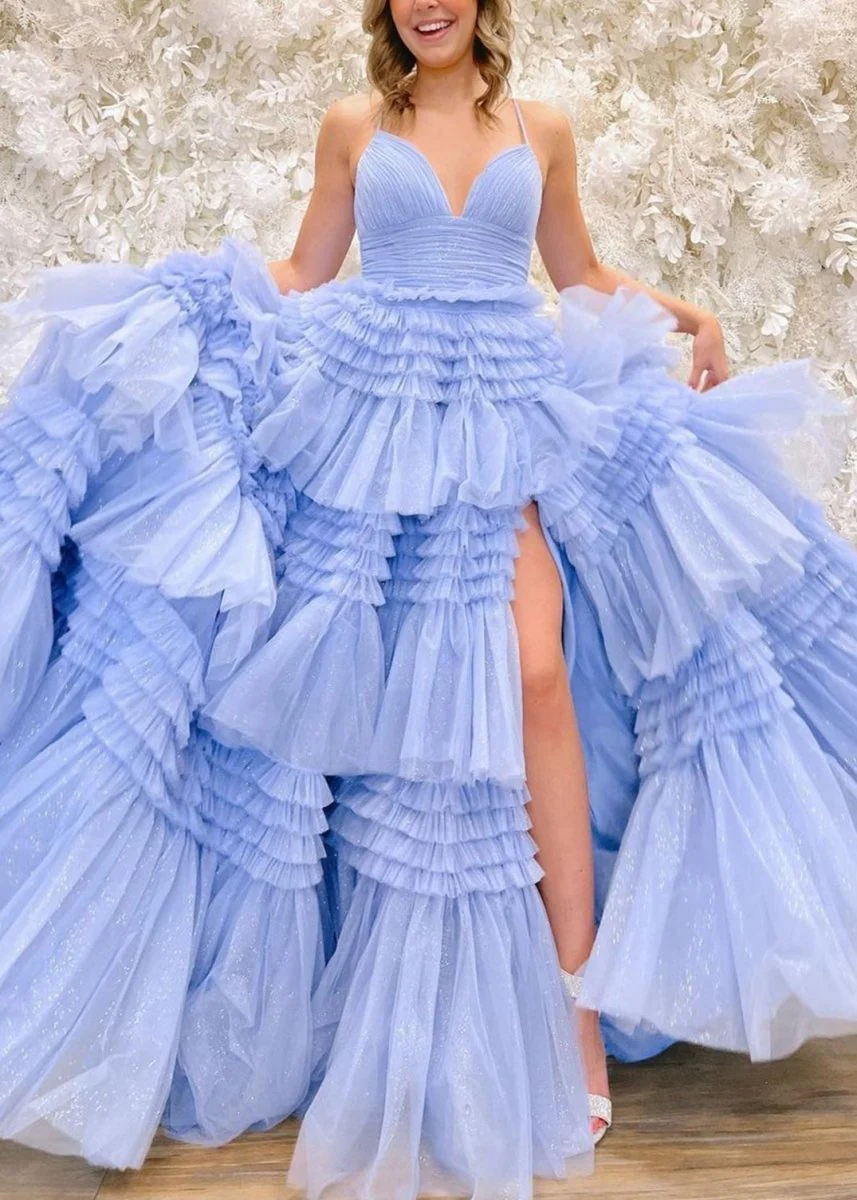 Amanda | Tulle Deep V Neck Spaghetti Straps Long Prom Dress