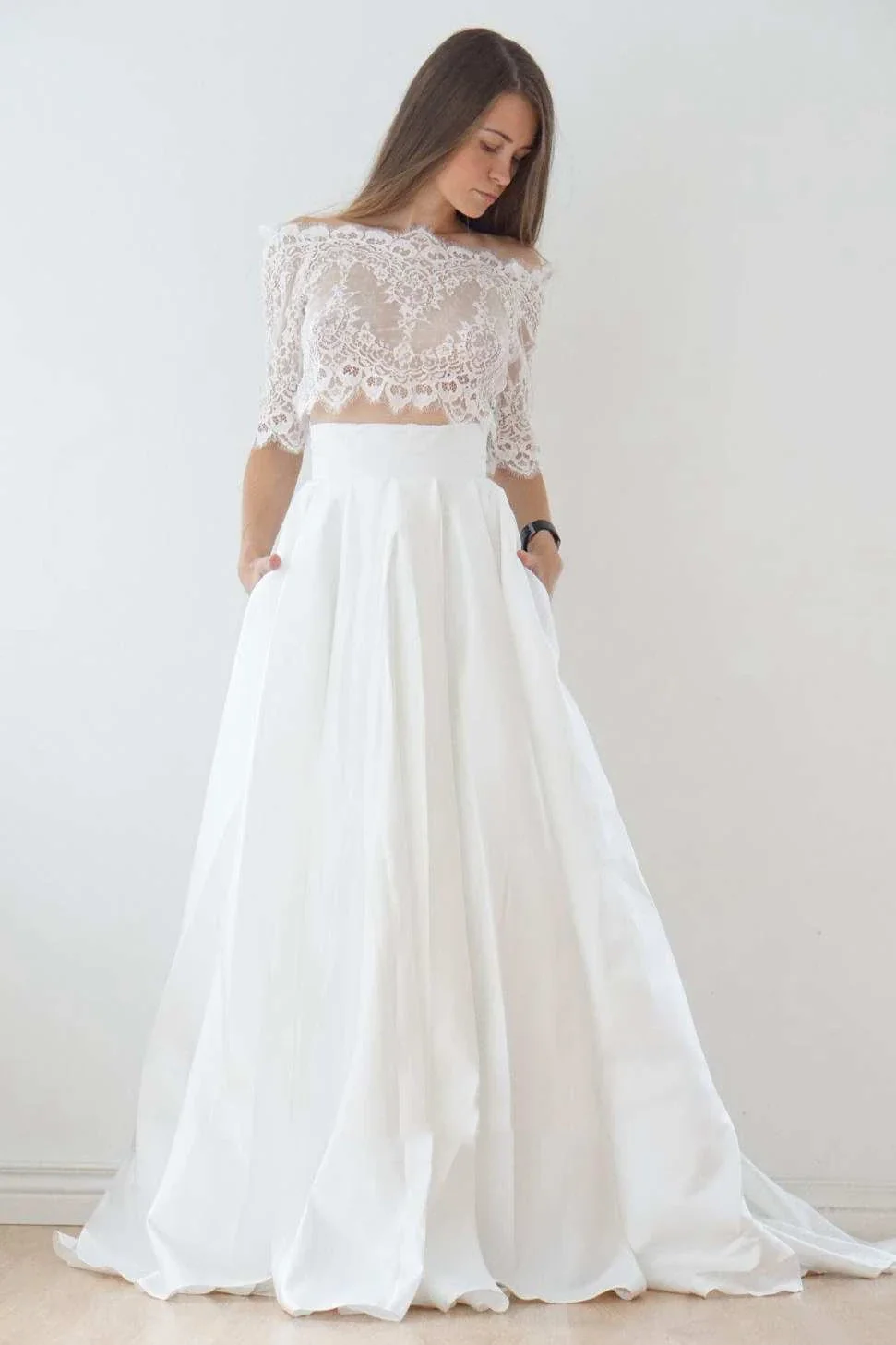 Off-The-Shoulder Lace A-Line Satin Two-Piece Wedding Dress With Sweep Train