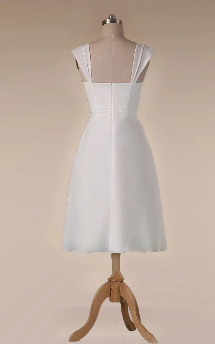 Straps Empire Waist Sheath Tea-Length Chiffon Wedding Dress