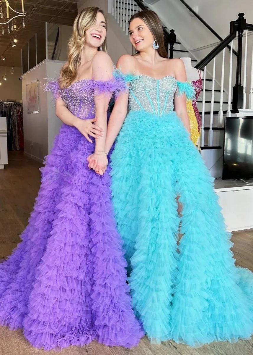 Astrid |A Line Off the Shoulder Tiered Tulle Prom Dress With Slit