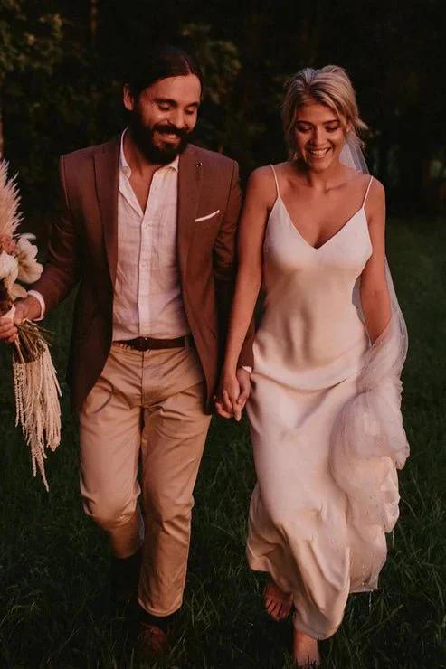 Spaghetti Straps V-neck Simple Beach Wedding Dress