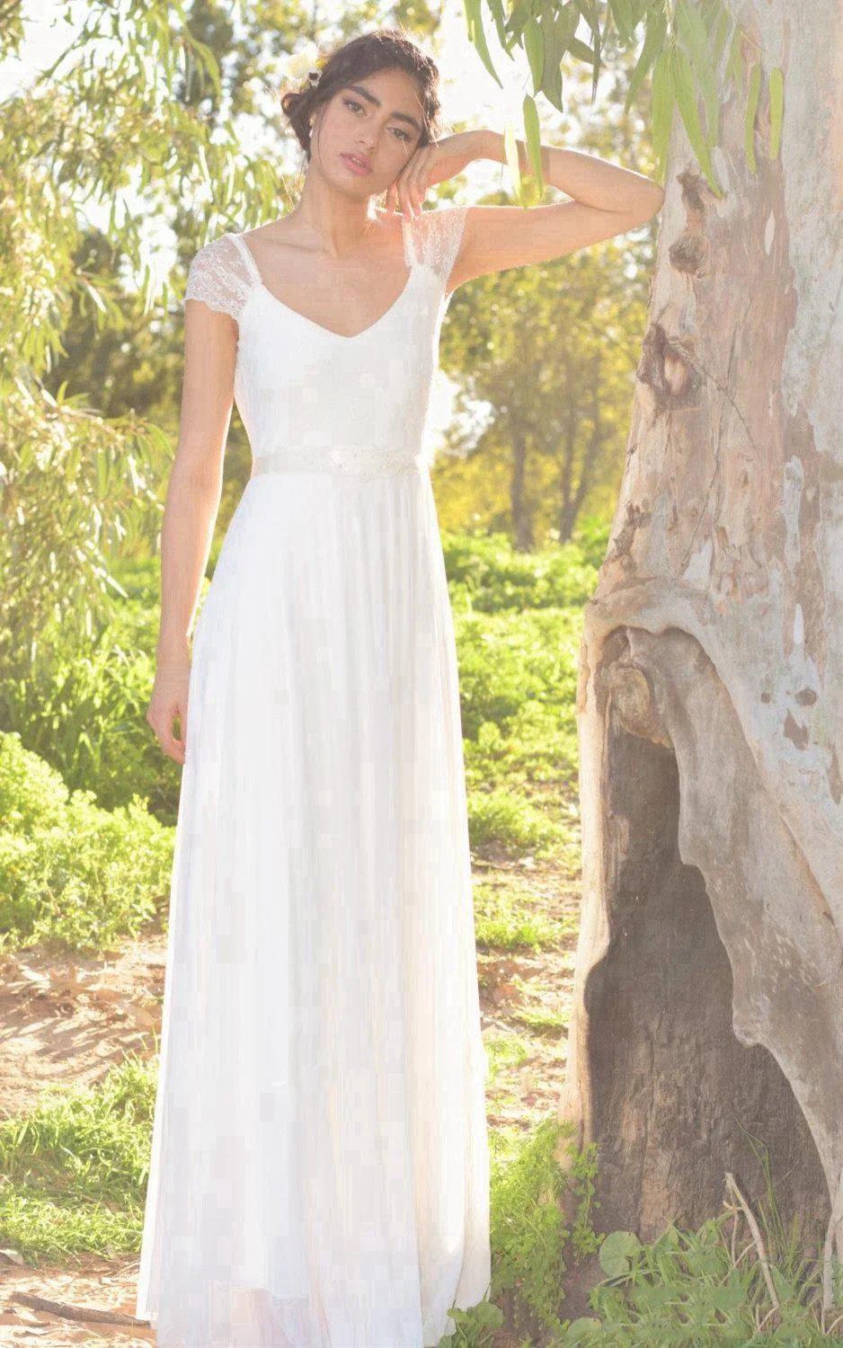 V-Neck Cap Sleeve Long A-Line Chiffon Wedding Dress With Beading
