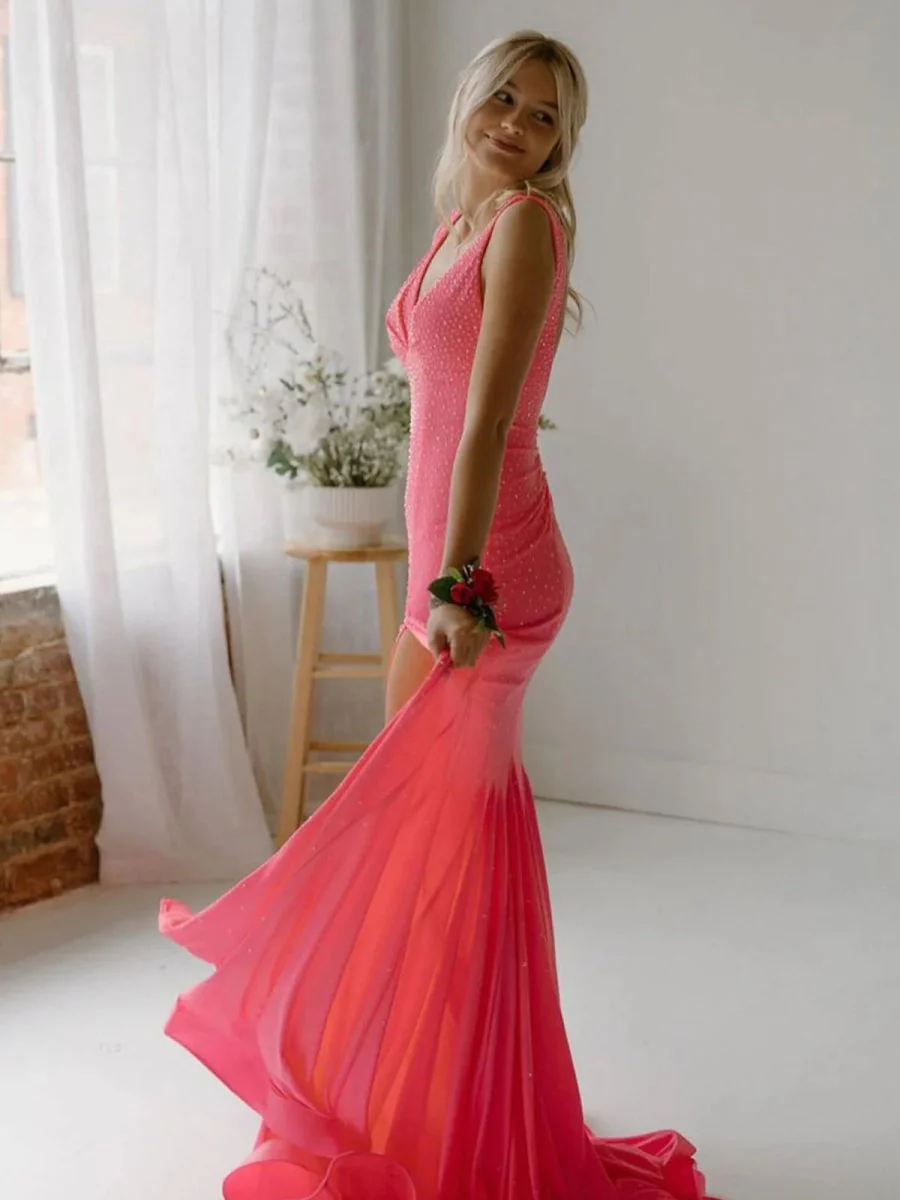 Molly | Mermaid Deep V-Neck Beaded Satin Long Prom Dress