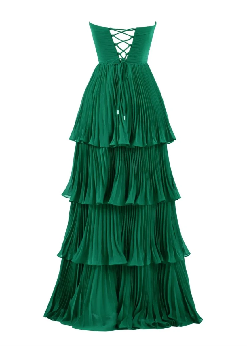 Khalani | Strapless Emerald Green Ruffle Multi-Layer Long Prom Dress