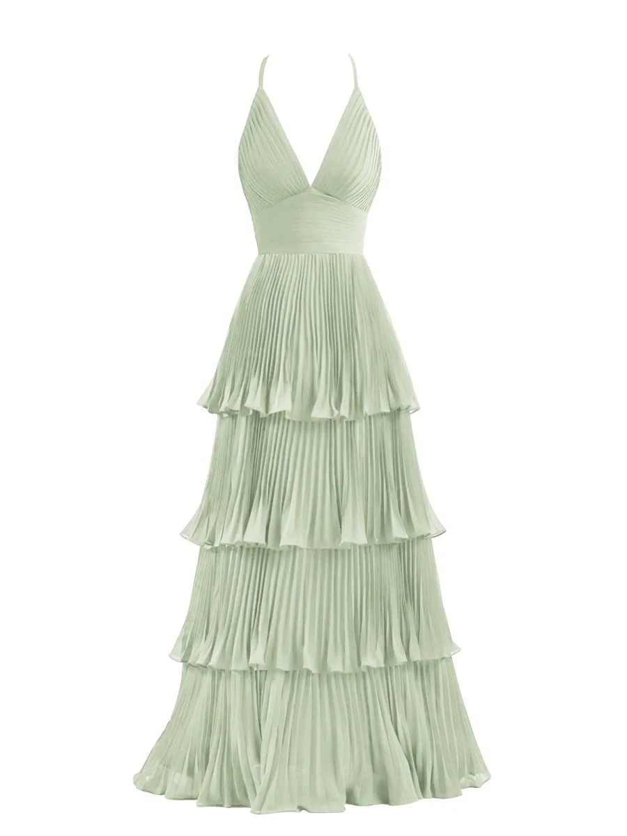 Dark Green A-Line Tiered Floor Length Chiffon Bridesmaid Dress