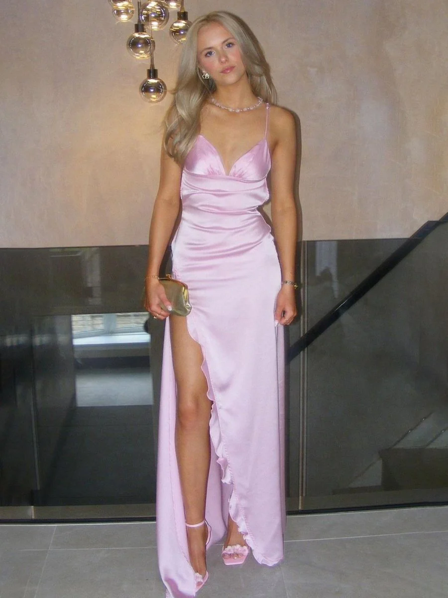 Arnav | Mermaid Spaghetti Straps Pink Satin Long Party Dress