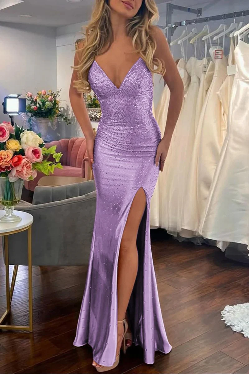 Jean | Sexy Mermaid V Neck Satin Slit Prom Dress with Hot Stone