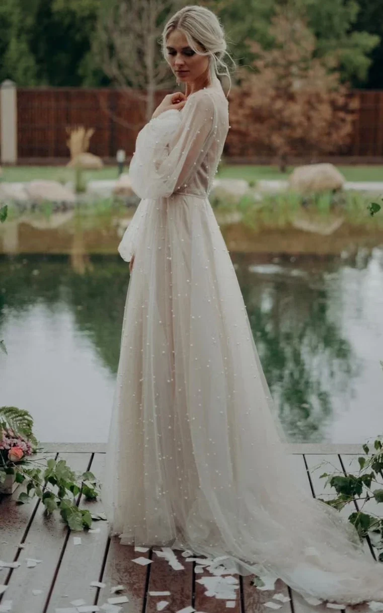 Franceska | Simple Modest A-Line Long Sleeve Tulle Elopement Illusion Wedding Dress with Pearl