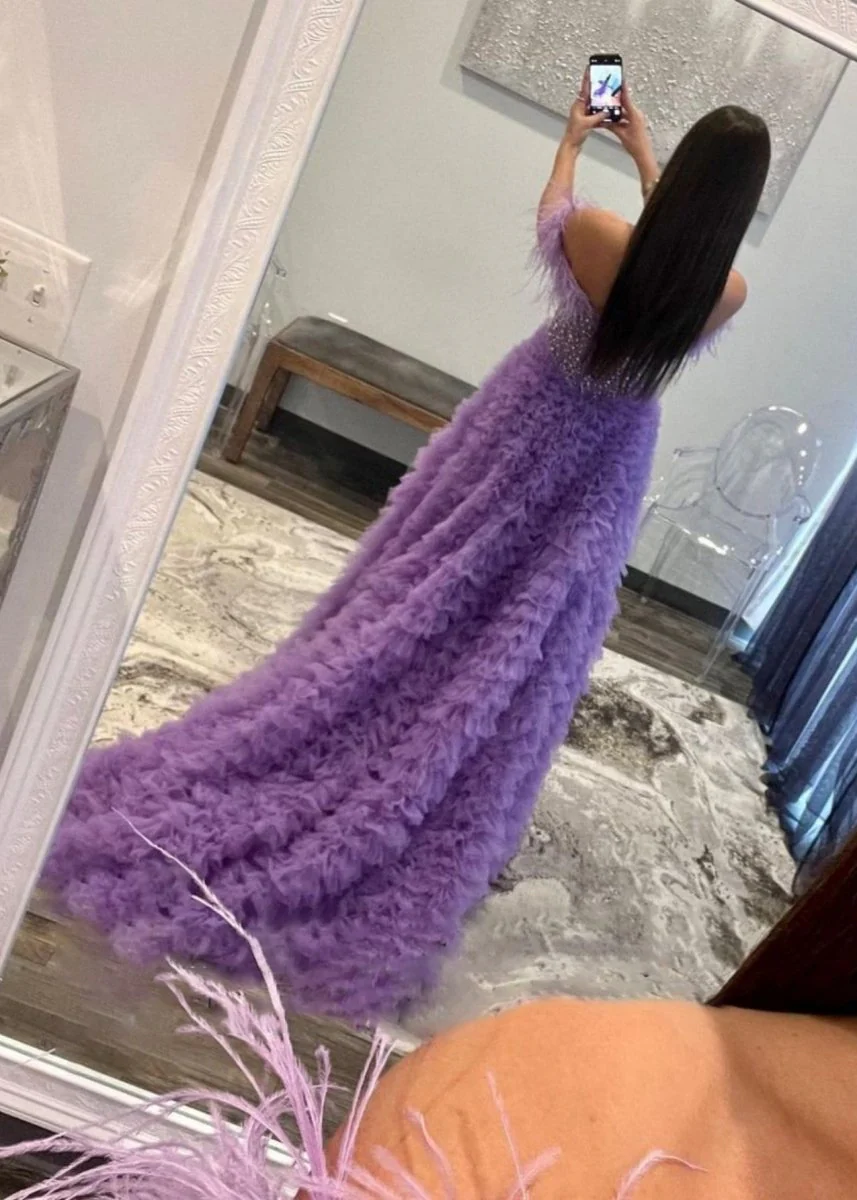 Astrid |A Line Off the Shoulder Tiered Tulle Prom Dress With Slit