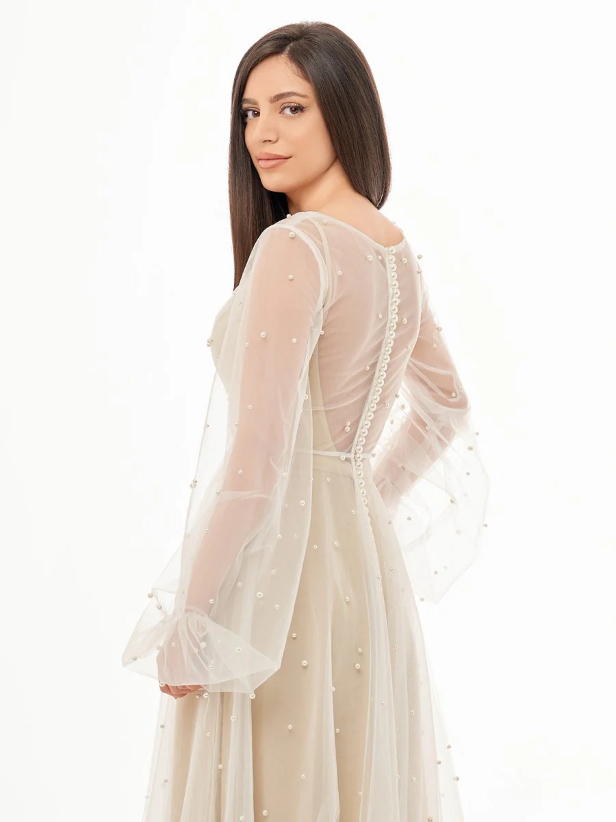 Franceska | Simple Modest A-Line Long Sleeve Tulle Elopement Illusion Wedding Dress with Pearl