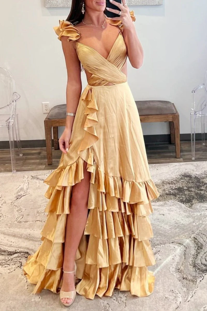 Brittany | Red Cutout Ruffle A-Line Long Prom Dress with Slit