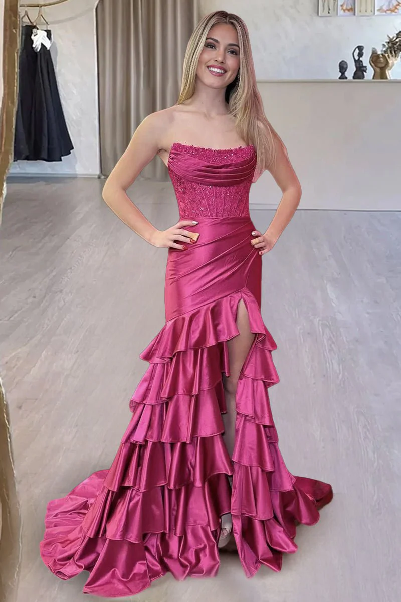 Yvonne | Charming Mermaid Strapless Pink Satin Long Prom Dresses with Appliques