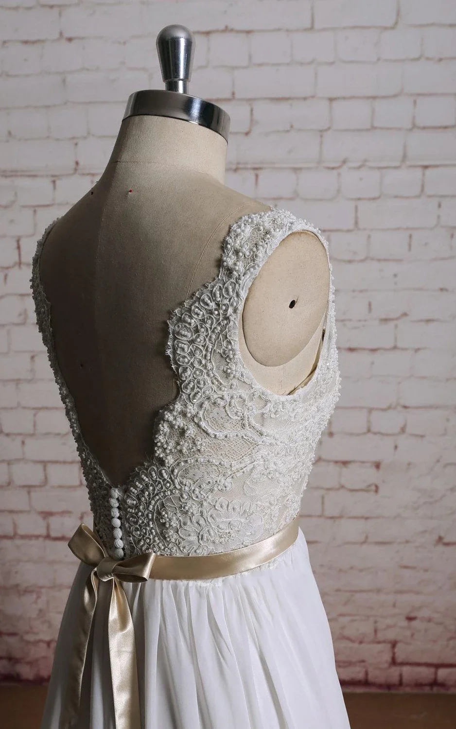 V-Neck Long Chiffon Bridal Gown With Champagne Lining of the Bodice