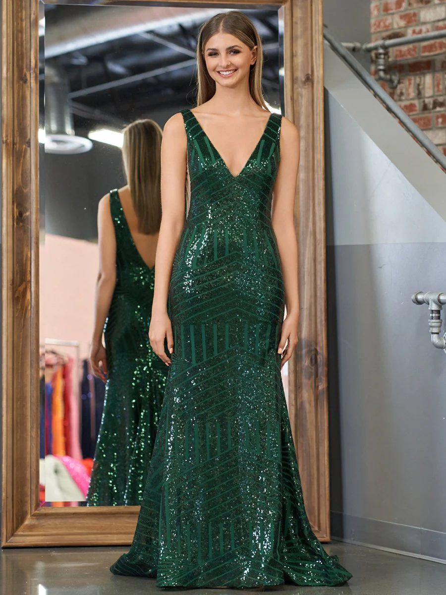 Nina | Red Mermaid Deep V Neck Sequins Prom Dress