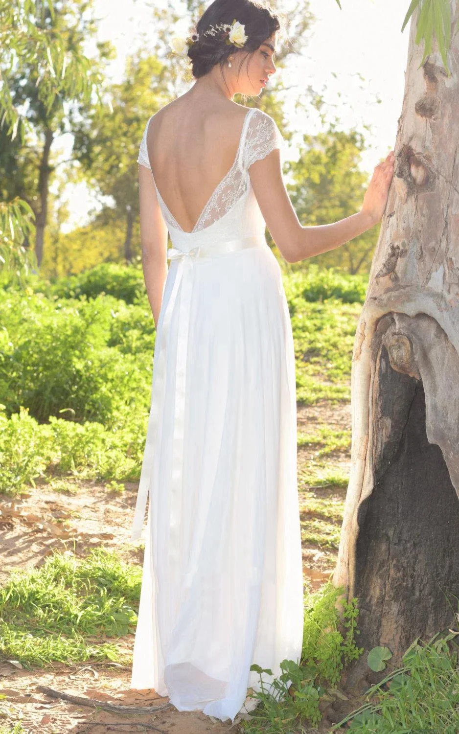V-Neck Cap Sleeve Long A-Line Chiffon Wedding Dress With Beading