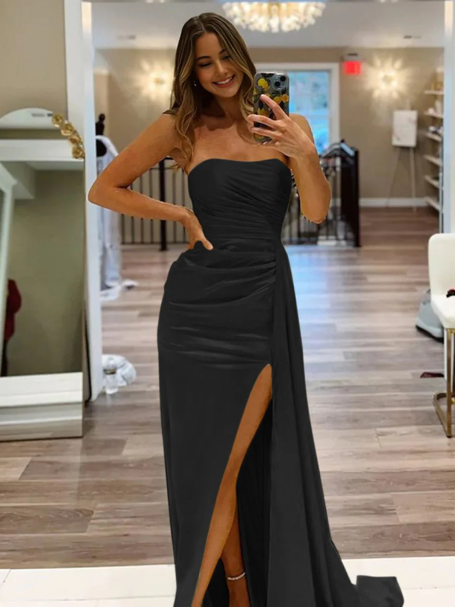 Eowyn | Mermaid Strapless Satin Long Prom Dresses With Split